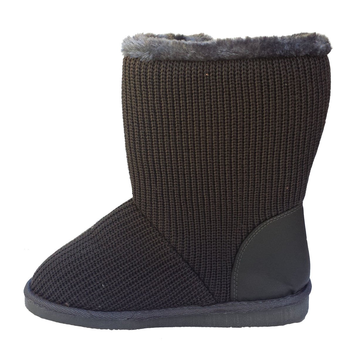 J.J.Elegant Women's Classic Knit Sweater Crochet, Faux Fur Lined Mid Calf Grey Flat Boots 6, M US