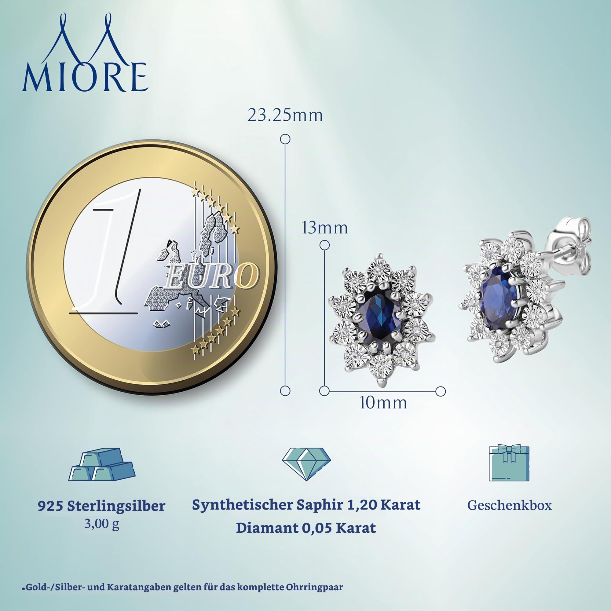 MIORE Damen Ohrstecker | 925 Sterling Silber | mit 2 Labor Saphire von 1,20 Karat und 20 echten Diamanten von 0,05 Karat | hautfreundliche Silber Ohrringe | Juwelier Schmuck