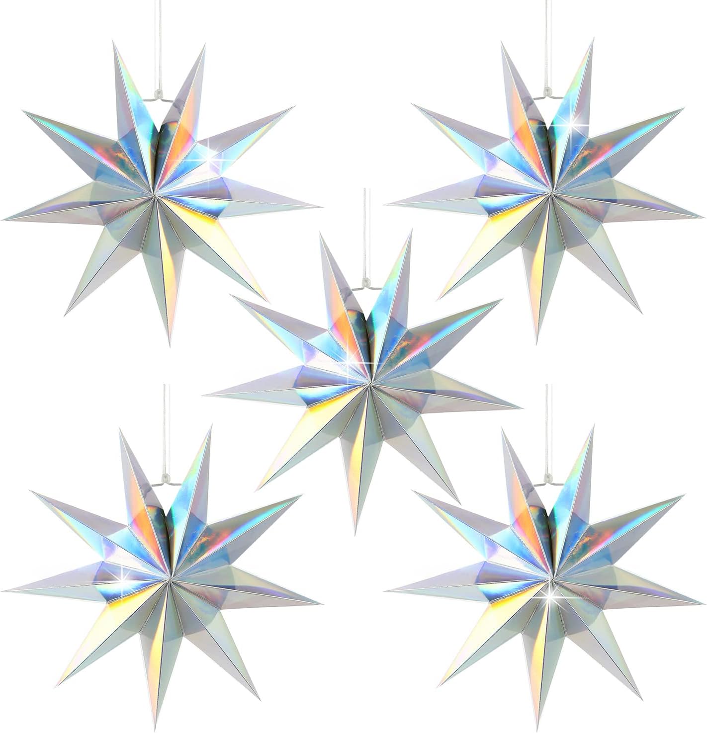 5Pack 9-Pointed Paper Star Lanterns 11.8 Inch Iridescent Hanging Paper Lampshade for Winter Wonderland, Christmas Holiday, Weddings, Frozen Birthday Party Celebration Decor