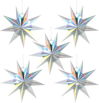 5Pack 9-Pointed Paper Star Lanterns 11.8 Inch Iridescent Hanging Paper Lampshade for Winter Wonderland, Christmas Holiday, Weddings, Frozen Birthday Party Celebration Decor