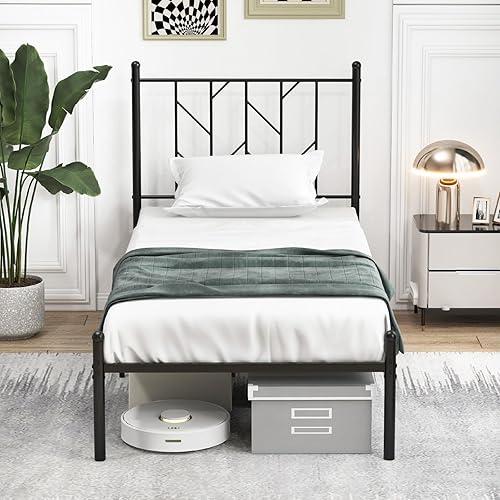 Miniatura 28 de Giantex Base de cama de metal negro con cabecera de estilo victoriano, base de cama de plataforma de 12.5 pulgadas con soporte de 14 listones de