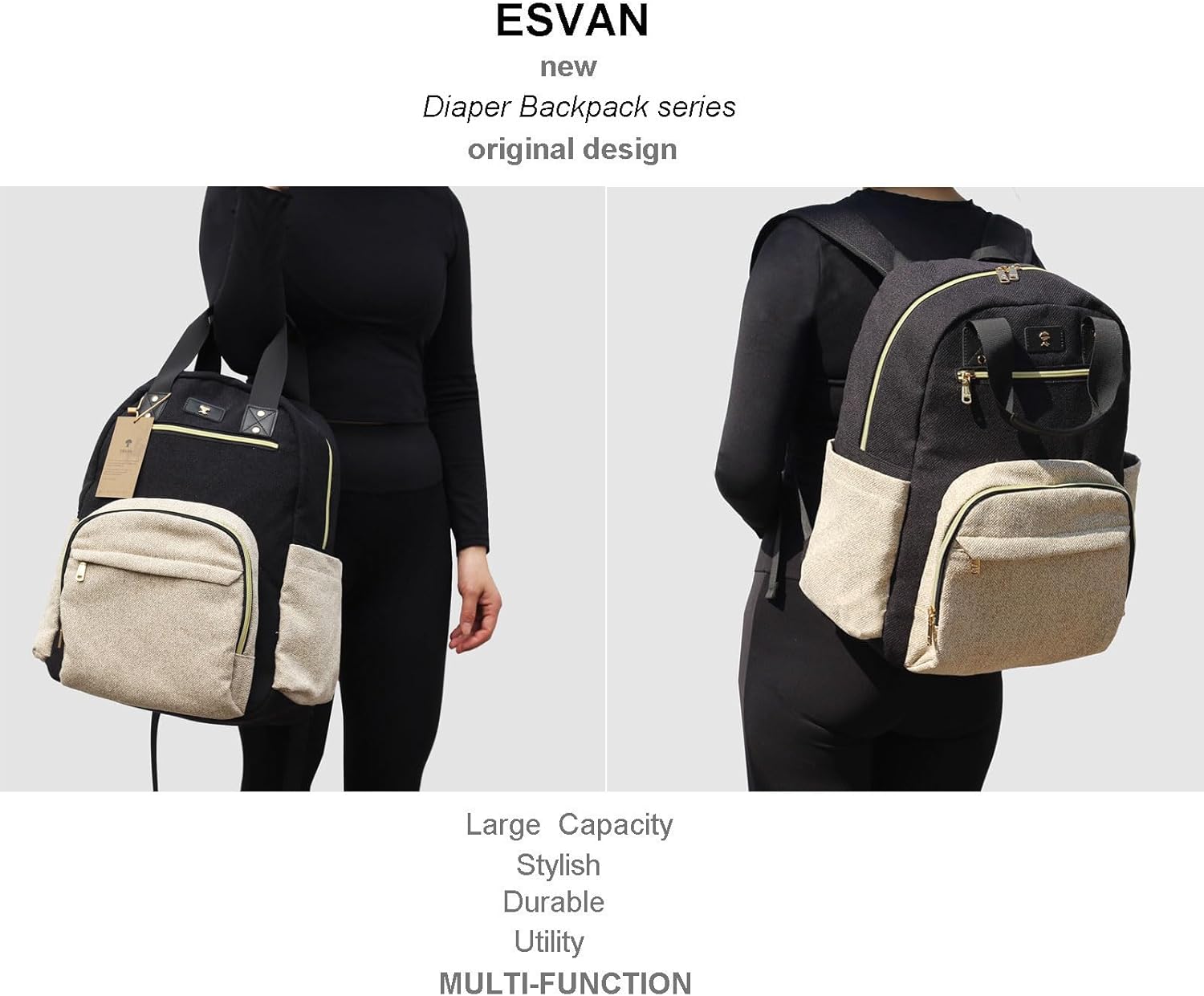 ESVAN Diaper Bag Backpack, Large Capacity Multifunction Baby Essentials Fashion Travel Pack Linen Canvas office Laptop Bag (Linen Beige)