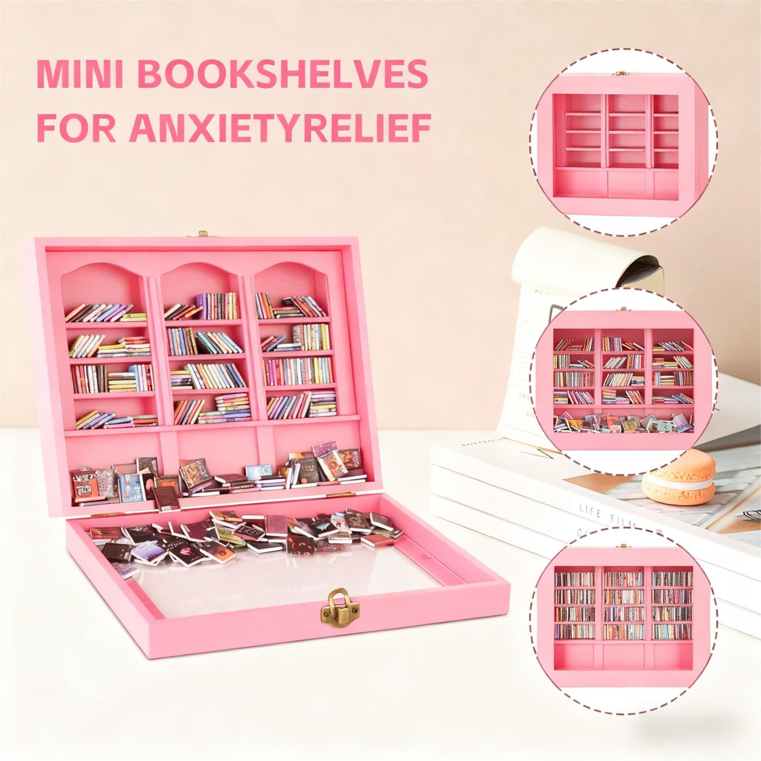 SIHPTO Anxiety Stress Relief Mini Bookshelf Decoration Box with 300pcs Mini Books，Miniature Library for Book Lovers Gifts for Family and Friends，End of Year Gifts for Children