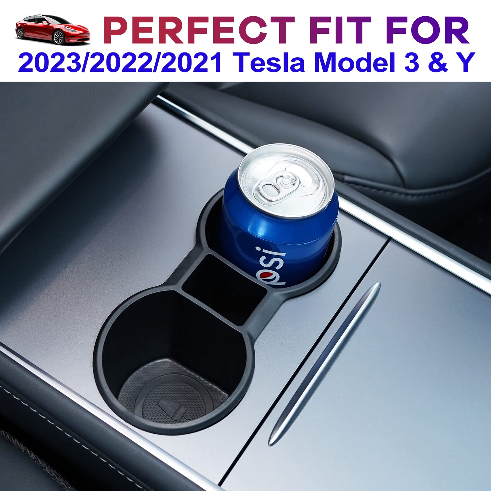 Accessoire Tesla Model Y Porte-gobelet Tesla Model 3/Y 2021-2024 LFOTPP - Silicone, Insert Universel, Boîte Amovible Adaptateur Gobelet
