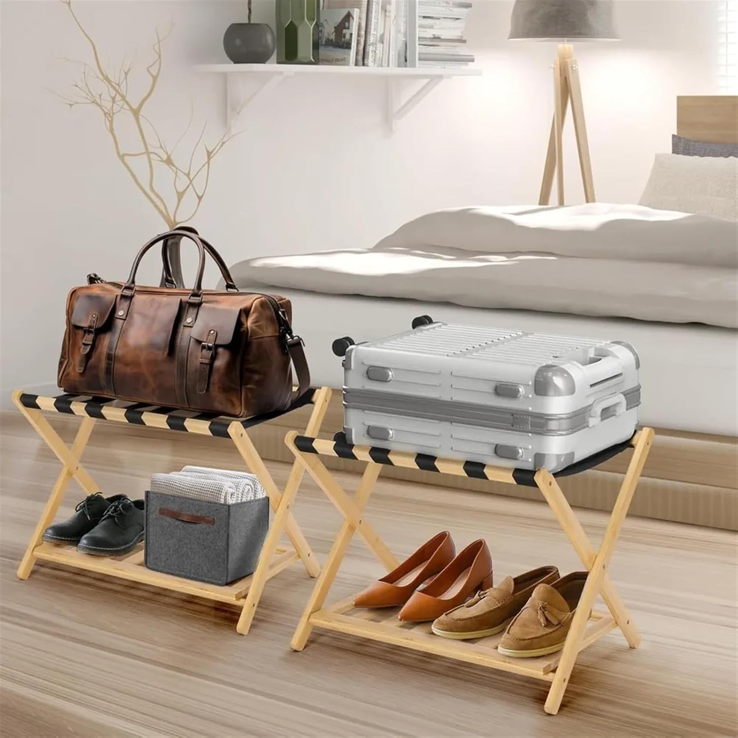 Luggage Rack 2-Pack Folding Luggage Racks, Foldable Bamboo Suitcase Stand with Storage Shelf, Luggage Holder with 6 Nylon Straps for Hotel for Home,Travel(White)