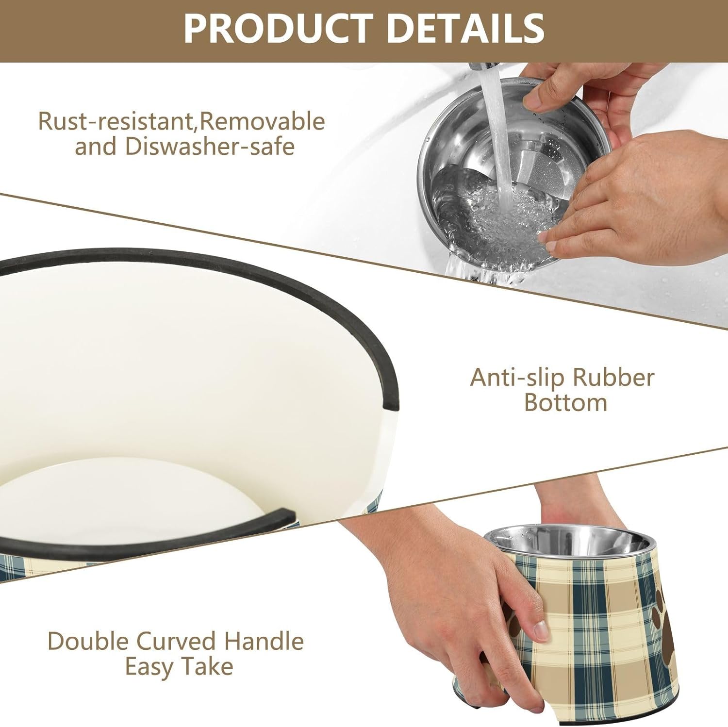 Retro Plaid Blue Par Print Bowls for Dogs with Stand Stainless Steel Cat Food Dishes for Small Pet Comfort Feeding