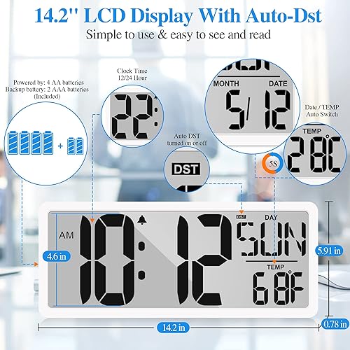 Miniatura 3 de Reloj de pared digital grande de 14.2 pulgadas, despertador digital para dormitorio, funciona con pilas, reloj digital con pantalla grande con