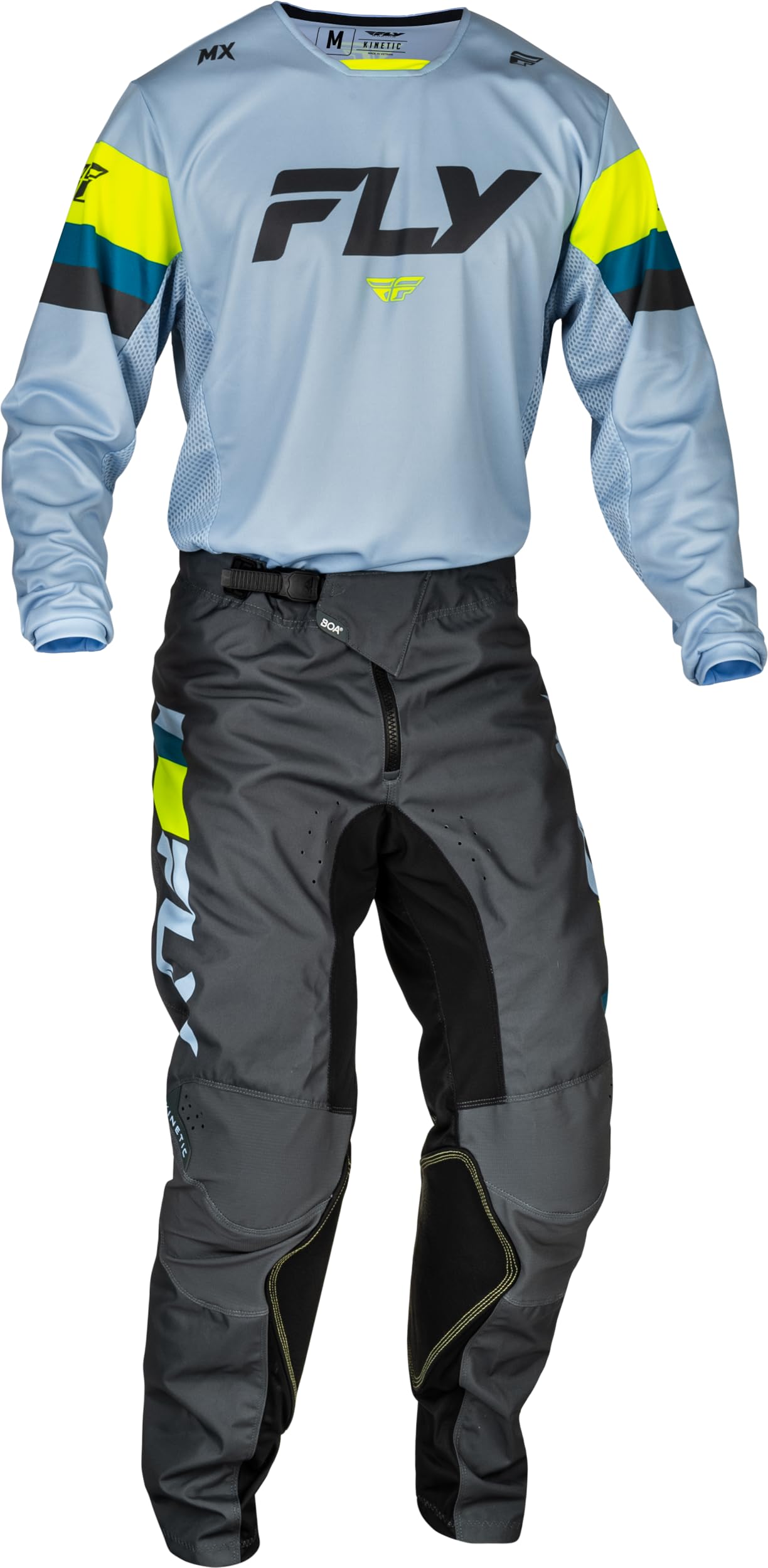 Fly Racing Kinetic Prix Ice Grey/Charcoal/Hi-Vis Youth Moto Gear Set - Pant and Jersey Combo