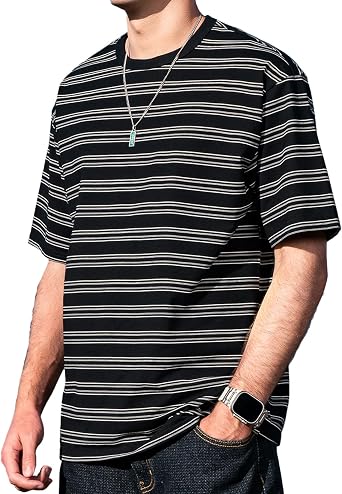 Mens Stripe Short Sleeve T-Shirt Mens Classic Casual Stripe Loose Shirts