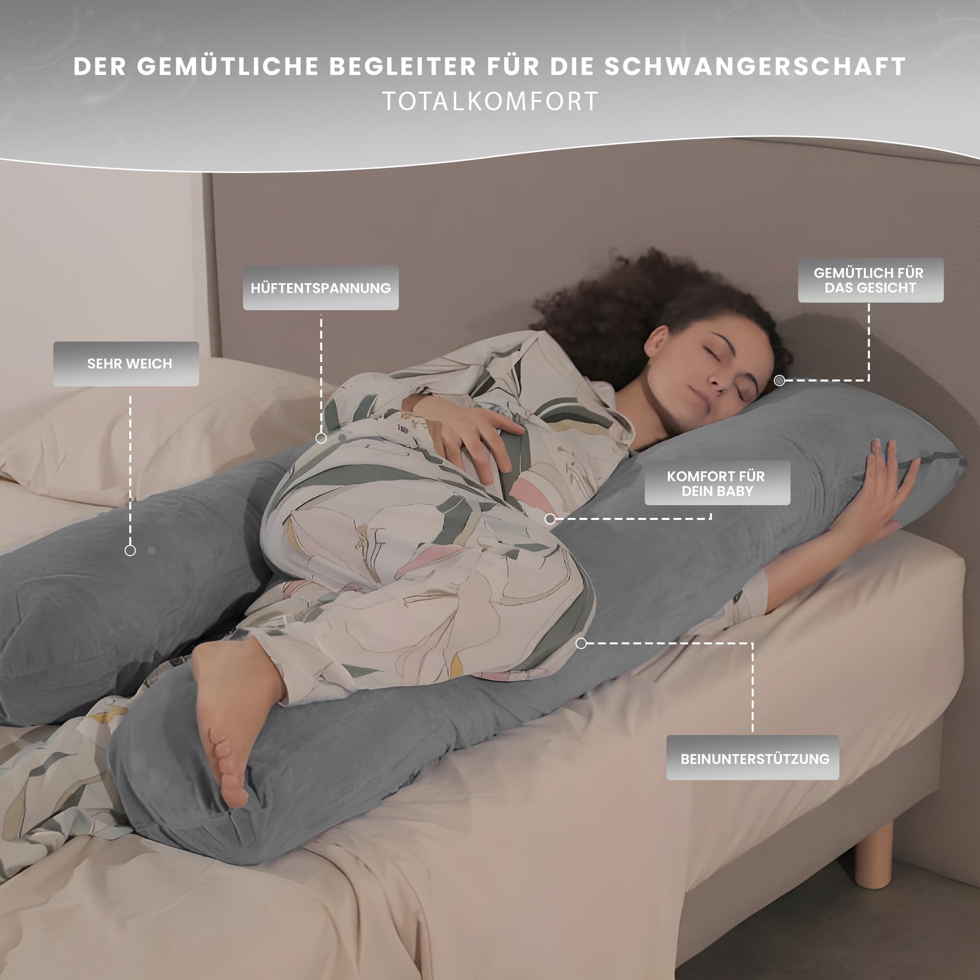bananair - Schwangerschaftskissen und Stillkissen in U-Form - Weich & Bequem - Entlastet Rücken & Nacken, Seitenschläferkissen - Abnehmbarer Bezug & Maschinenwaschbar (140 x 80 cm, Grau, Samt)
