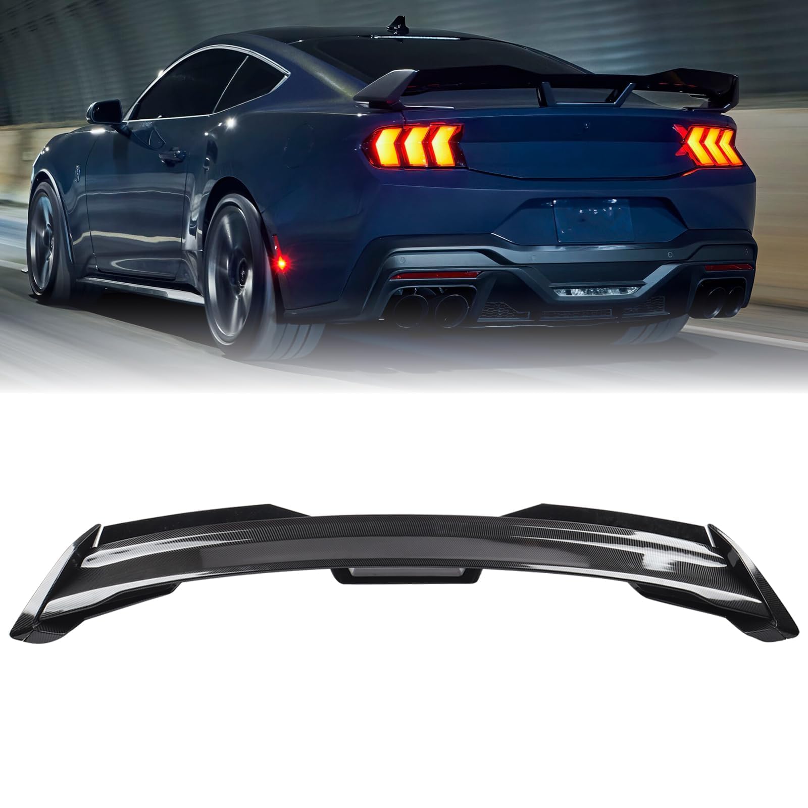 Performance Rear Trunk Spoiler Wing W/Gurney Flap Compatible with 2024-2025 Ford Mustang EcoBoost/Dark Horse/GT/ S650 Spoiler + Gurney Flap Wicker Bill Exterior Accessories (Carbon Fiber Style)