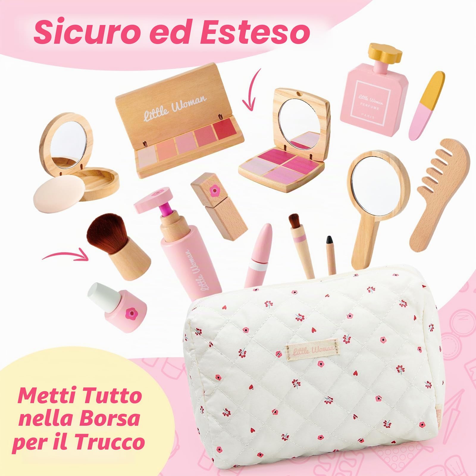 Atoylink Set Trucchi Bambina in Legno Finti Trucchi Set Trousse Trucchi Bambina con Rossetto Profumo Giocattoli Giochi Legno Regalo per Bambini Ragazza 3 4 5 6 7 Anni