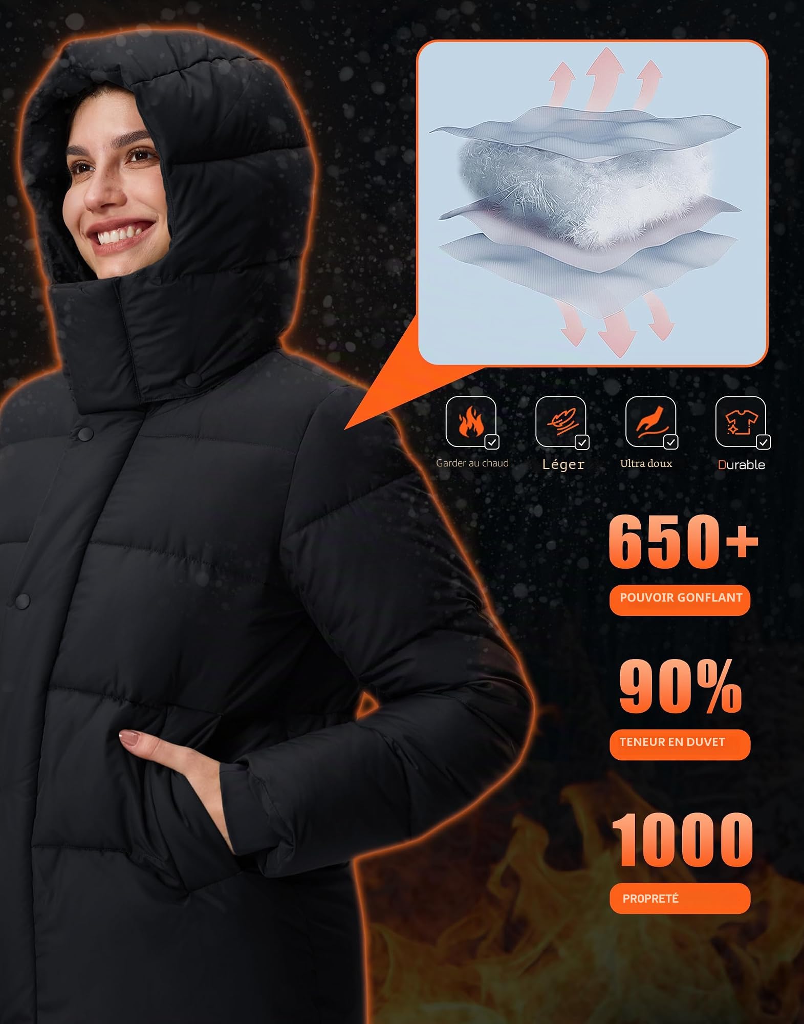 Pioneer Camp Manteau d'Hiver Femme Long et Chaud - Doudoune Imperméable et Coupe-Vent - Manteau Matelassé avec Capuche Amovible et Poche - Manteau en Duvet pour Hivers Froids