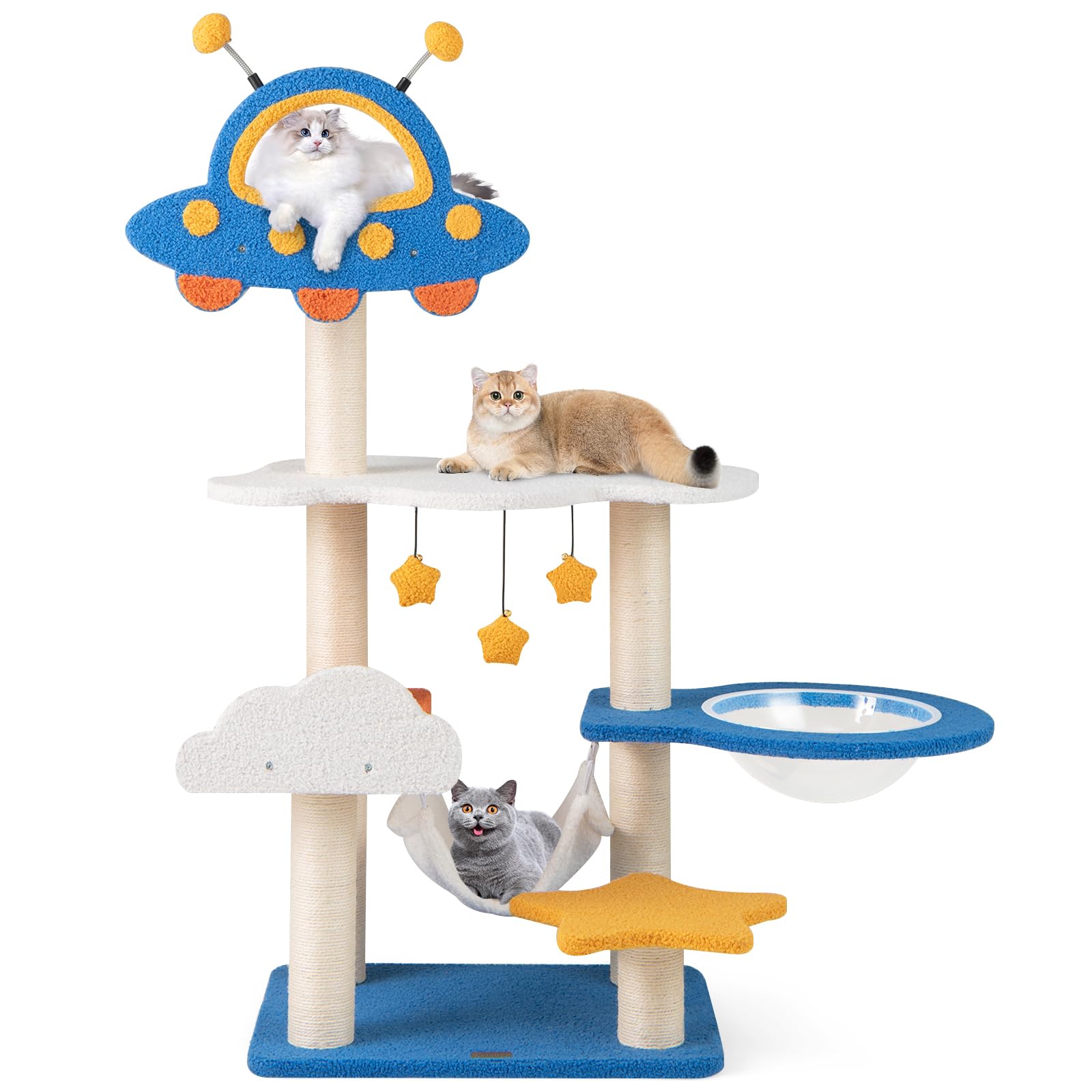 GYMAX Albero per Gatti Alta 124 cm, Torre Multilivello a Tema Spaziale per Gattini, Capsula Spaziale, Amaca, Tiragraffi in Sisal, Piattaforme a Nuvola e Stella, Palline Pendenti e a Molla
