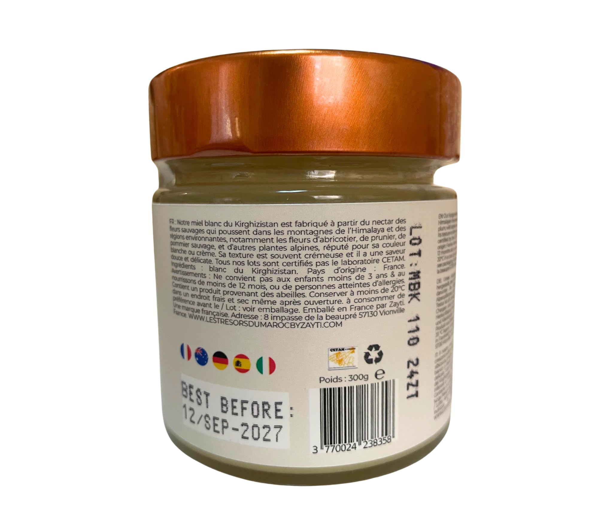 Miel Blanc du Kirghizistan. Miel de Sainfoin, Doux et Parfumé, Miel pur et naturel. Pot de 300g