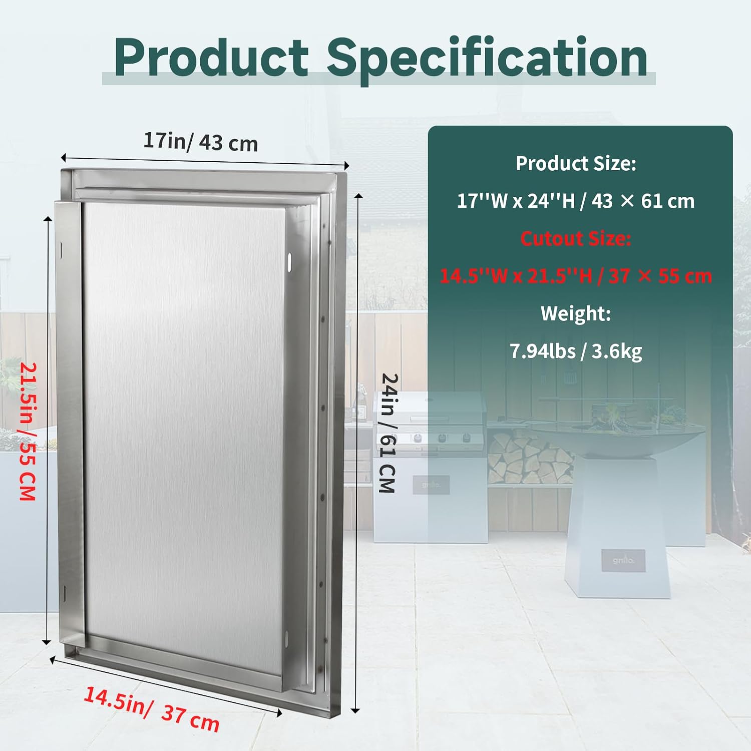 Outdoor Kitchen Doors 17W x 24H Inch Stainless Steel Doors, Access Door with Handles Single Access Cabinet Door, Flush Mount for Grilling Station, Outdoor Kitchens BBQ Island& Cabinet