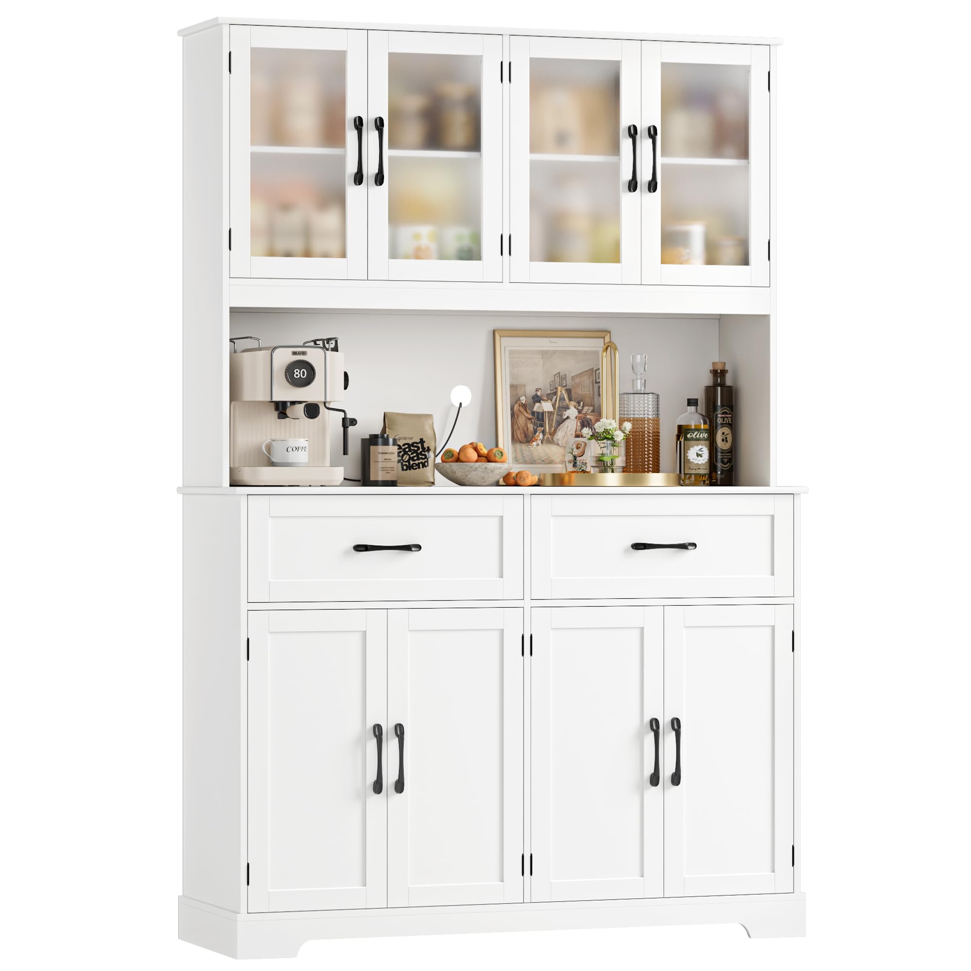 71" Kitchen Pantry Storage Cabinet, Kitchen Hutch with Microwave Stand, Large Pantry Cabinet with Drawers, Glass Doors for Dining Room, White
