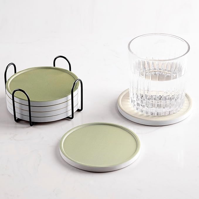 Set of 6 Beige and Green Coasters with Holder, Absorbent Ceramic Drink Coasters with Cork Backing for Table Protection, Table Decor, Housewarming Gifts