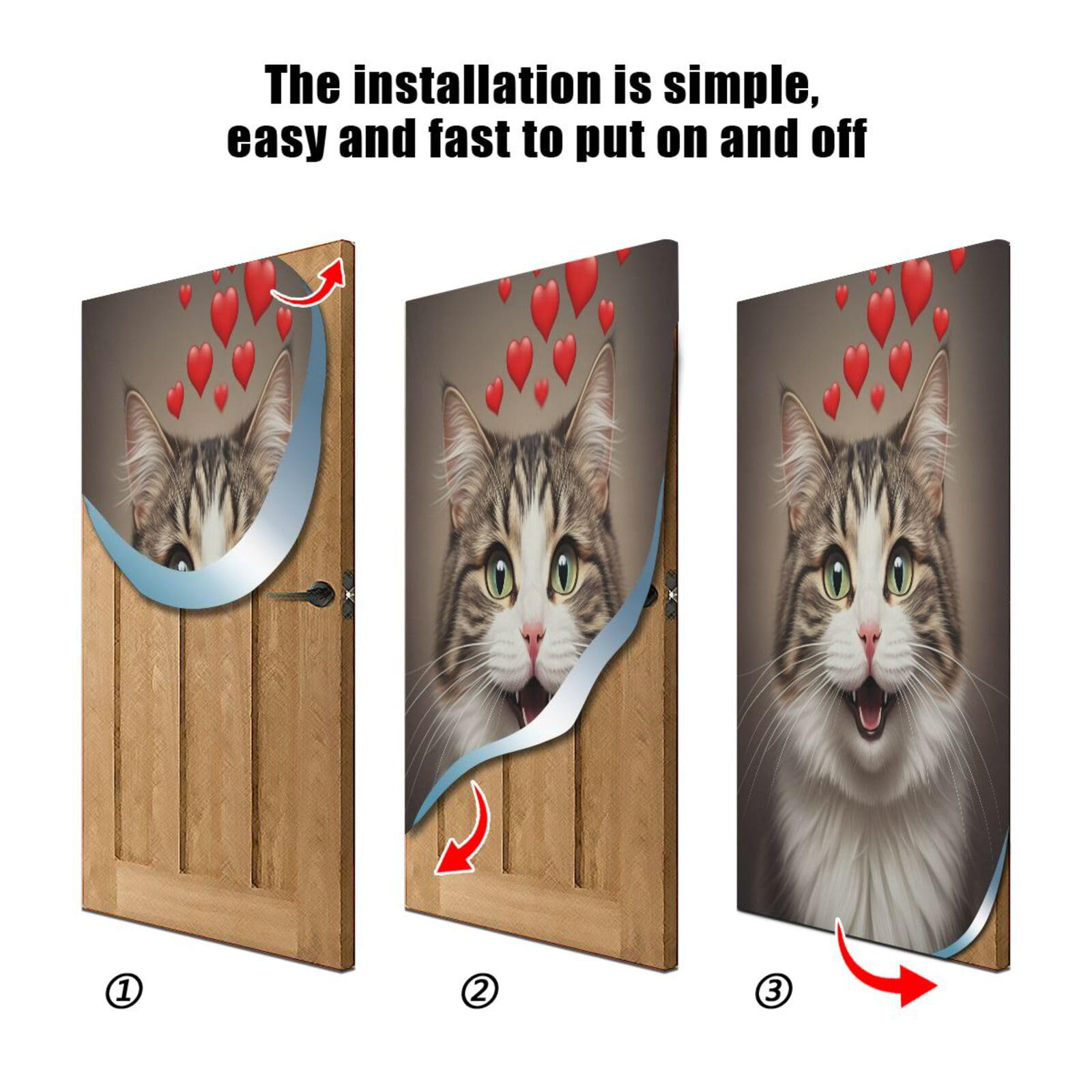 FLildon Smile Cat Red Hearts Door Cover Decoration, Party Accessory Porch Decor for Festive Ornament Room Door Covers 35 x 79 Inch