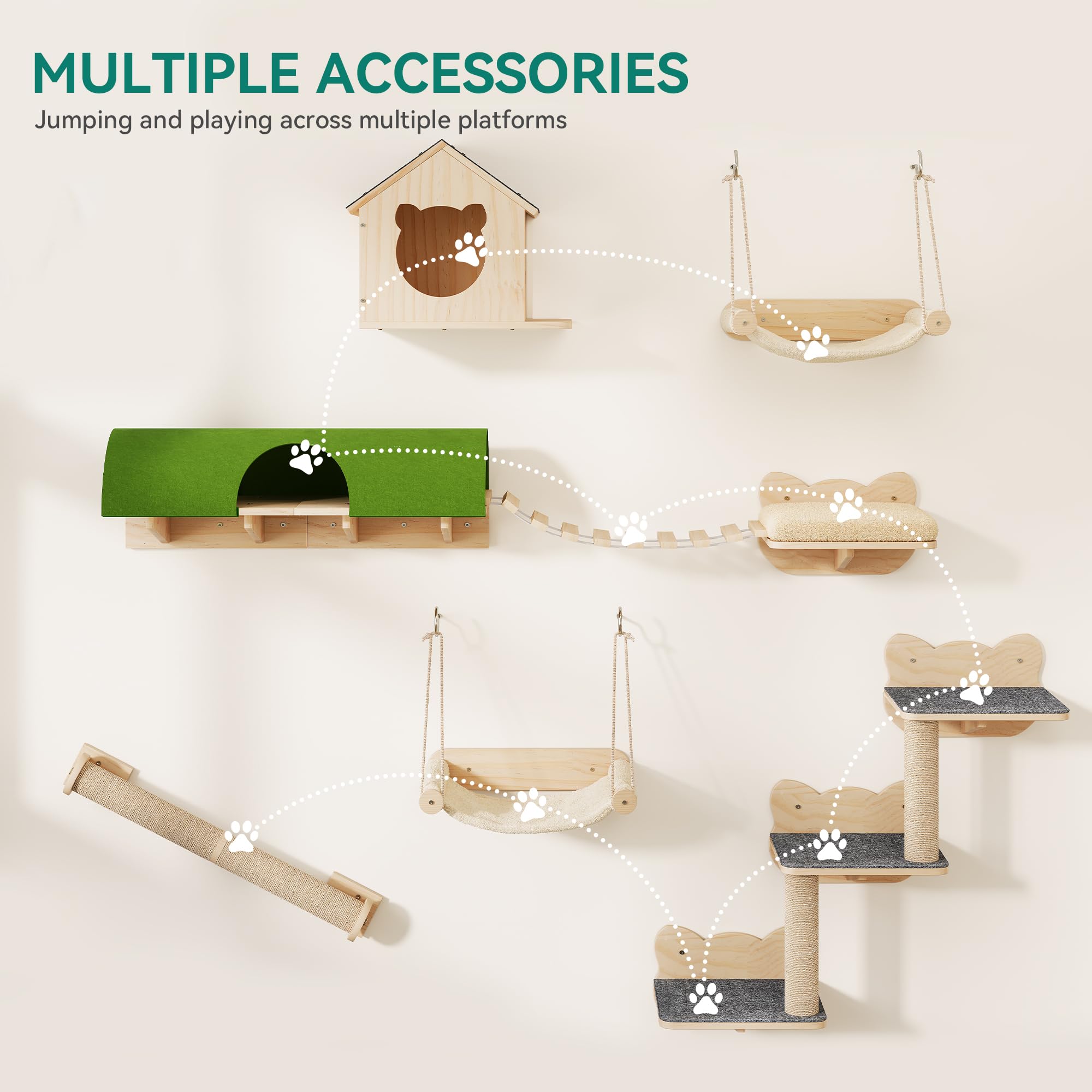 YITAHOME Set da parete per gatti in legno robusto, 7 ripiani con casa, ponte sospeso, scale, amaca e tiragraffi per dormire, giocare e riposare
