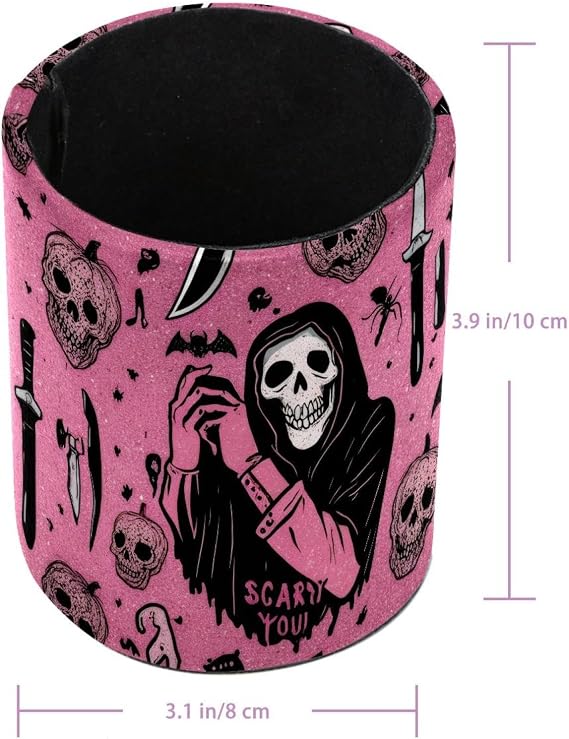 Halloween Scarry Skulls Pen Holder for Desk, PU Leather Pencil Holder Pen Cup Marker Holder Makeup Brush Holders, Desk Accessories & Workspace Organizers for Home, Office