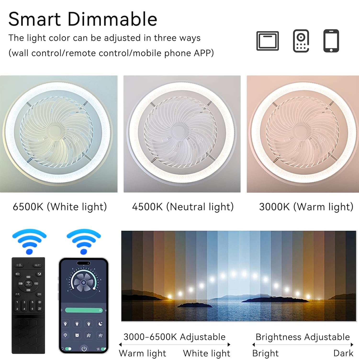 Ventilatore da Soffitto con Luce e Telecomando, Silenzioso Lampadario Ventilatore da Soffitto, 75W Dimmerabile Plafoniera con Ventilatore, Rotazione a 360°, Reversibile, 6 Velocità, Bianco