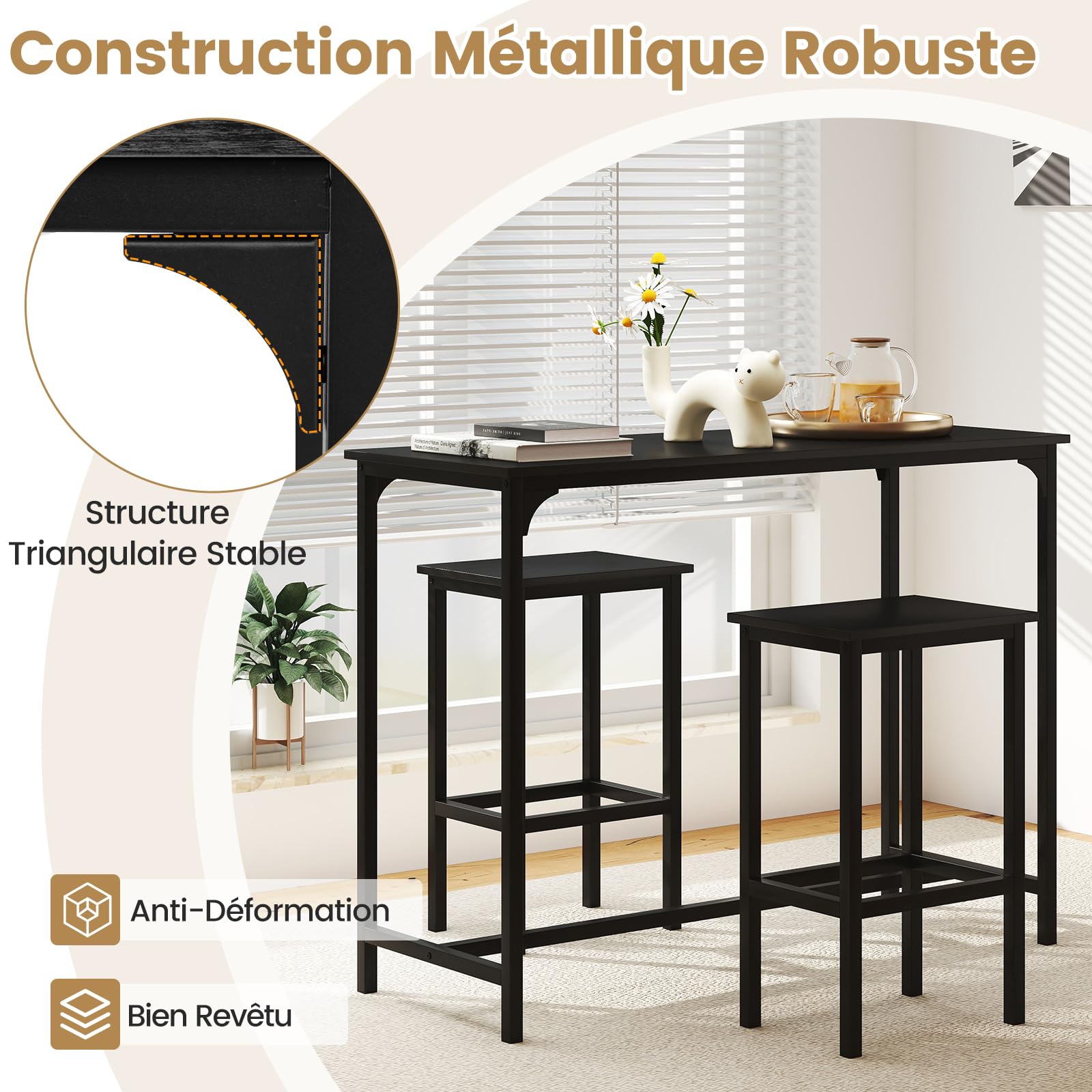 GIANTEX Table Haute Cuisine pour 3 Personnes, Mange Debout Rectangulaire, 2 Tabourets avec Repose-Pieds, Cadre en Métal, Style Industrielle pour Petit Espace, Salle à Manger, Restaurant (Noir)
