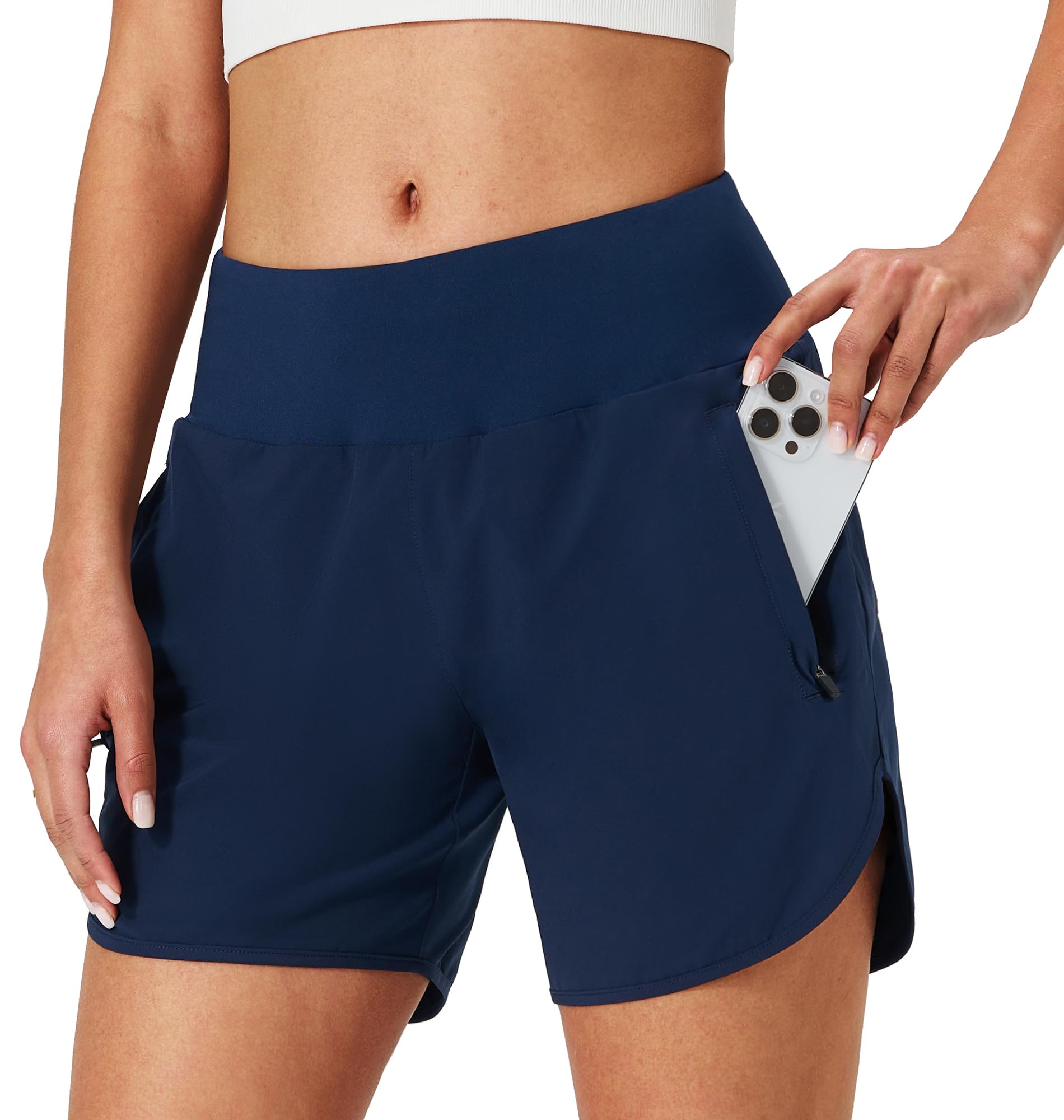 Womens Running Shorts Zipper Pockets High Waisted Quick Dry Athletic Workout Shorts with Liner