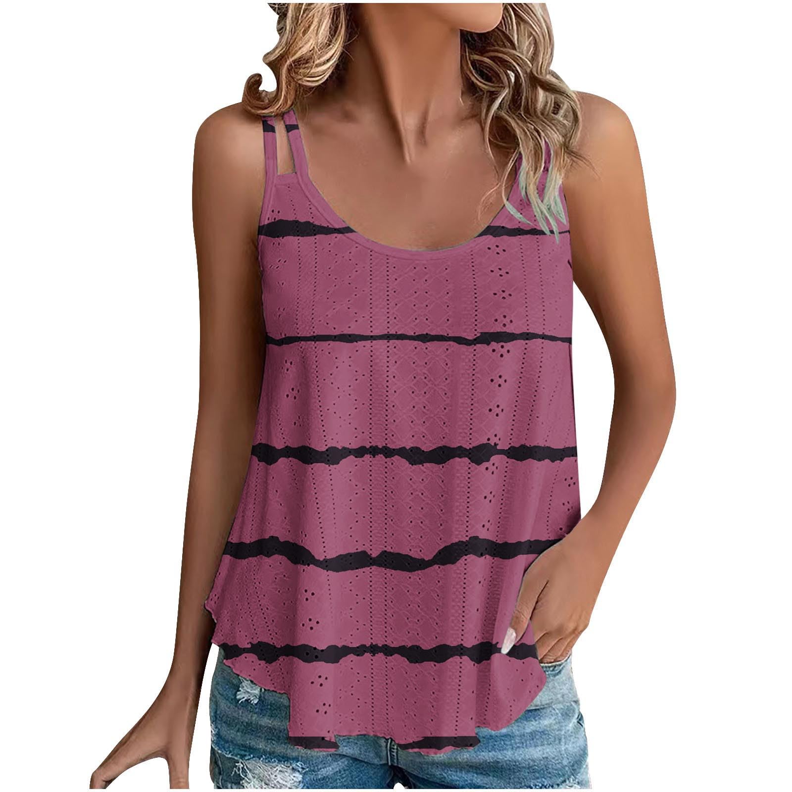 NZYIHAO Camiseta de tirantes para mujer, a rayas, informal, bloque de color, camisola hueca, camiseta de tirantes para verano, cuello redondo, tirantes finos, sin mangas, tallas grandes, túnica ligera