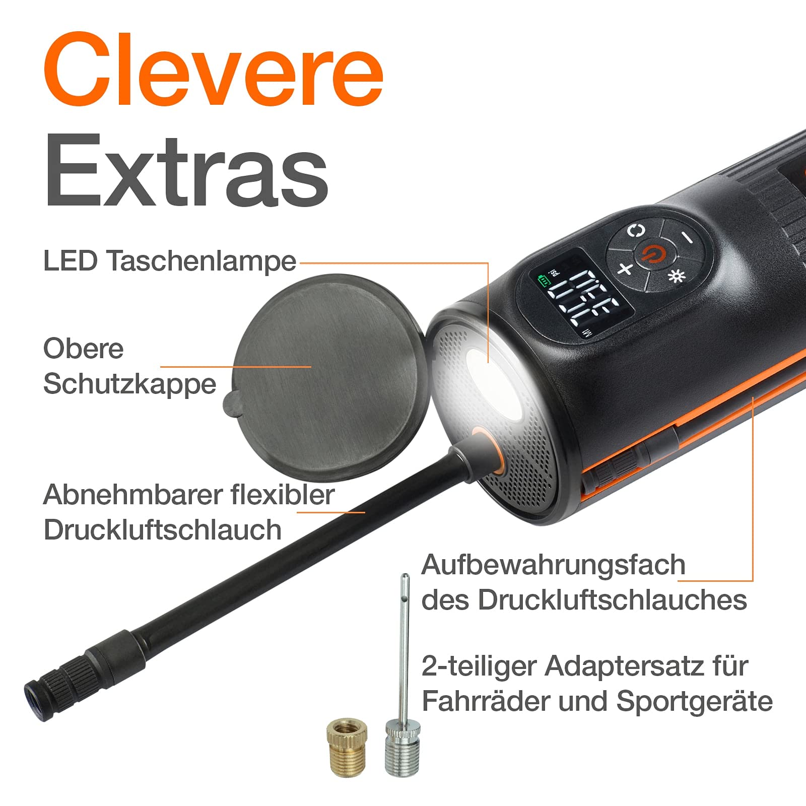 OSRAM TYREinflate 2000, kompakte wiederaufladbare Reifenpumpe mit LED Licht, tragbarer Kompressor für Reifen, Stromanschluss via USB, Reifenbefüllung in 2 Minuten