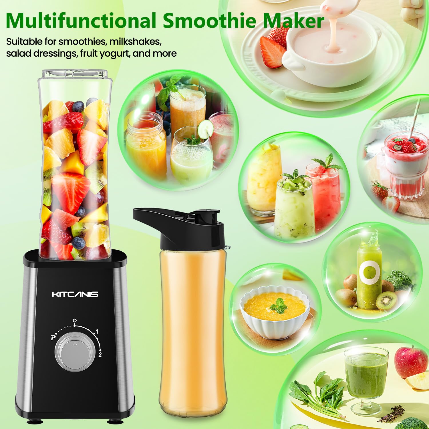 Kitcanis Mini Batidor 3 en 1, Batidora Eléctrica 800 W, 3 Velocidades Ajustables, 2 Botellas Portátiles de 600 ml y 300 ml para Helado, Frutas, Verduras, Nueces