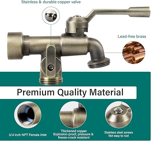 Miniatura 3 de Grifo de agua para jardín al aire libre con doble salida, grifo de agua de jardín montado en la pared exterior con dos válvulas de bola de latón de
