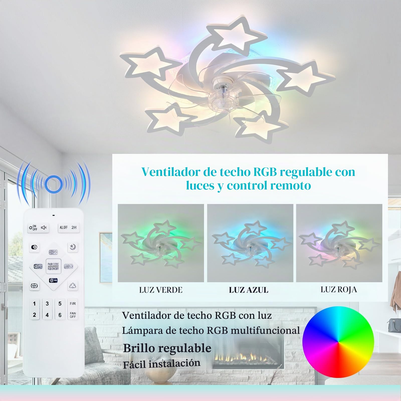 Moderno Estrella Blanca Ventilador De Techo Con Luz Y Mando A Distancia Dormitorio Niños RGB Plafon Led Ventilador Motor DC 6 Velocidades Reversible Silencioso Para Salon Habitación Infantil