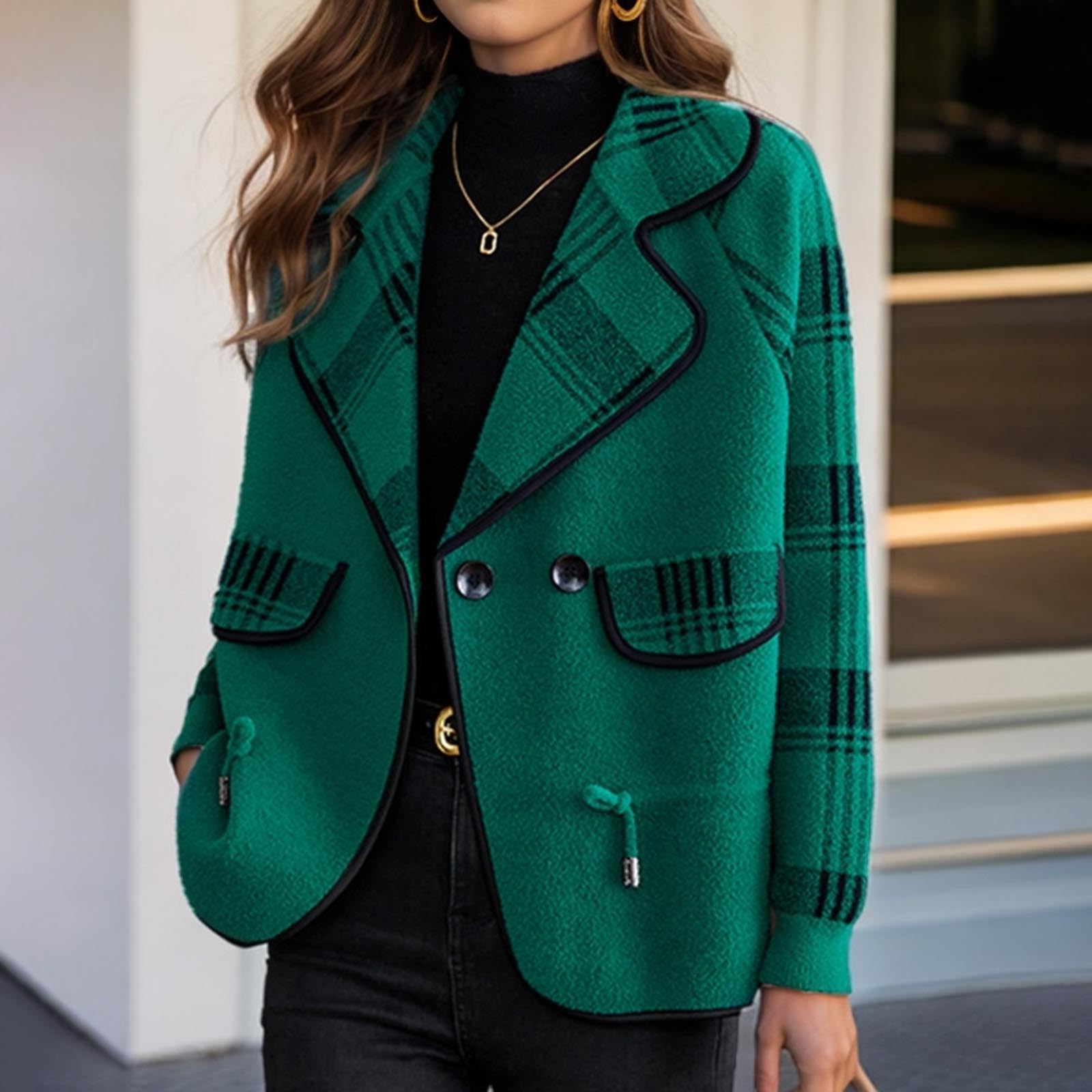 Kurzjacke Damen Elegant Strick Blazer Modisches Herbstjacke Gestreift Anzug Open Front Jacke Umlegekragen Kurzblazer