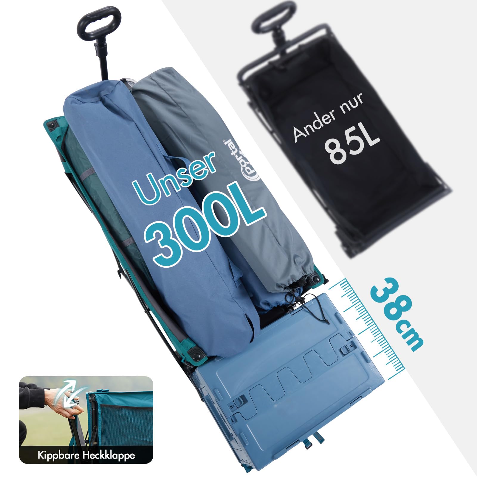 PORTAL Bollerwagen faltbar XXXL 300L größe Reifen 17x10cm mit Bremse Getränkehalter Seitentasche Faltwagen klappbarer Transportwagen für Alle Gelände Camping Strand Einkaufen