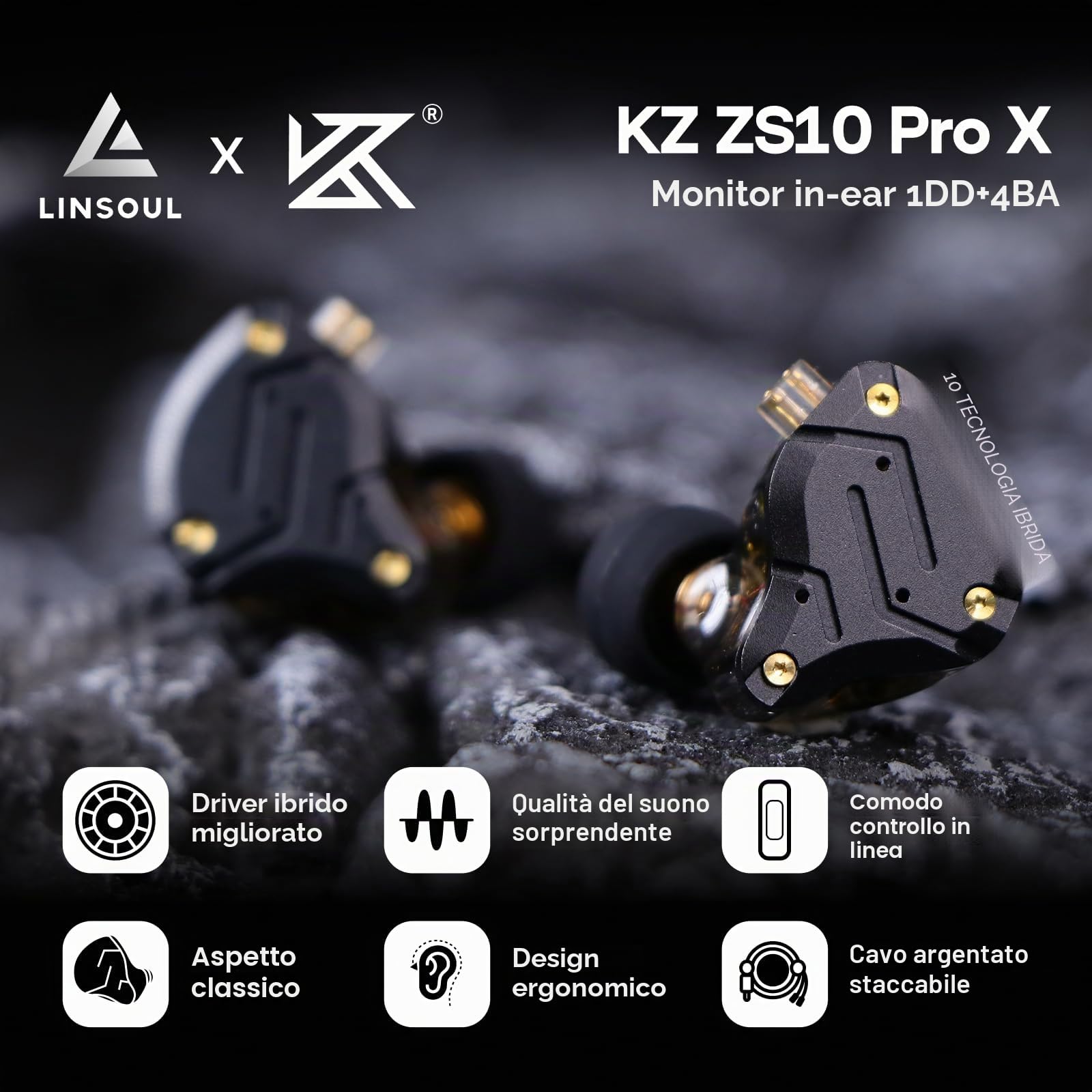 Linsoul KZ ZS10 PRO X Upgraded 1DD+4BA Hybrid HiFi Driver in Ear Earphones IEM con frontalino in lega Cavo staccabile 0,75 mm 2Pin placcato argento (Con microfono)