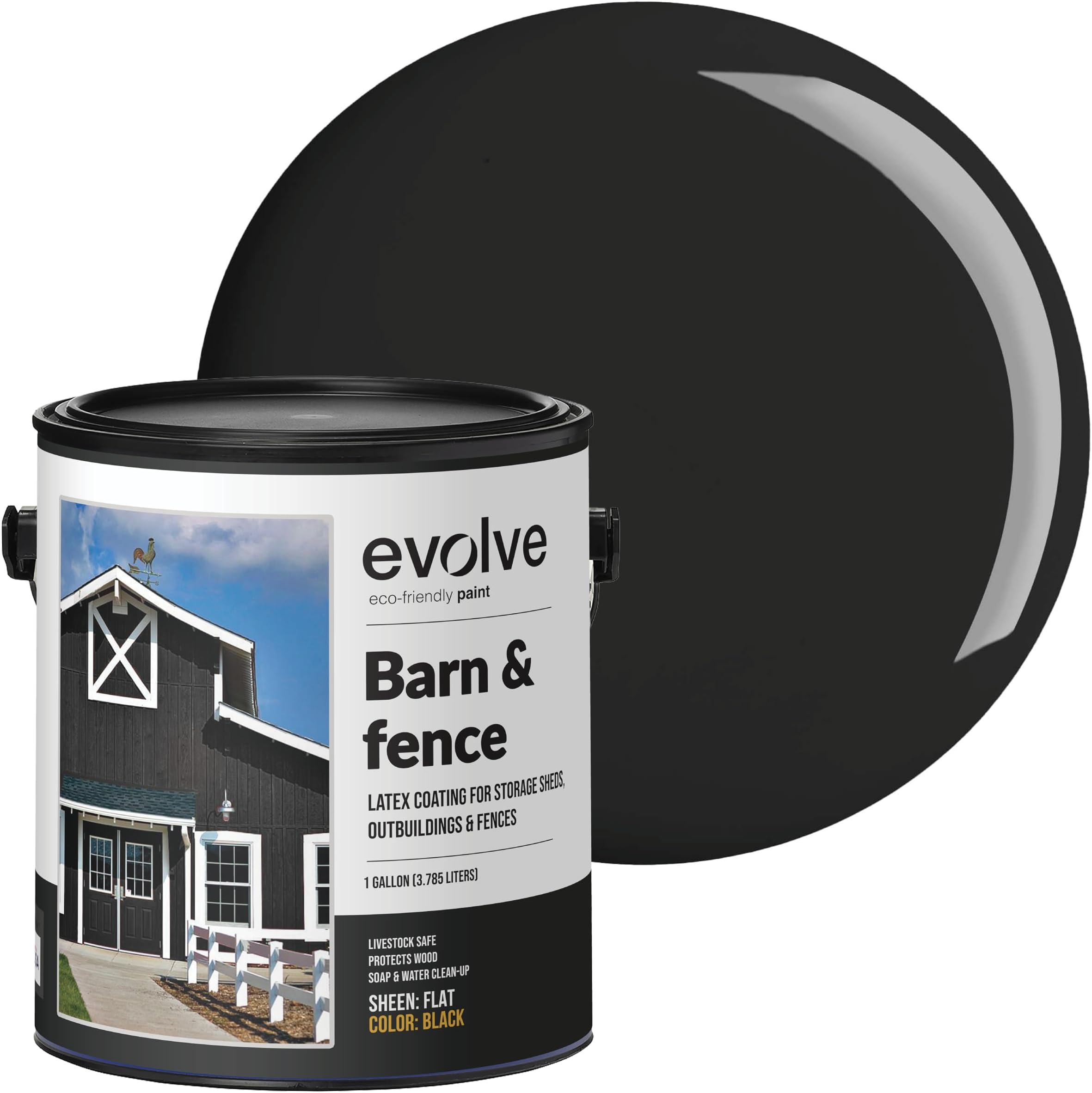 EVOLVE Barn & Fence Paint, Flat (Black), 1 Gallon – Durable Scratch-Resistant Wood Coating for Outbuildings & Fences, Fast-Dry Water-Based Formula