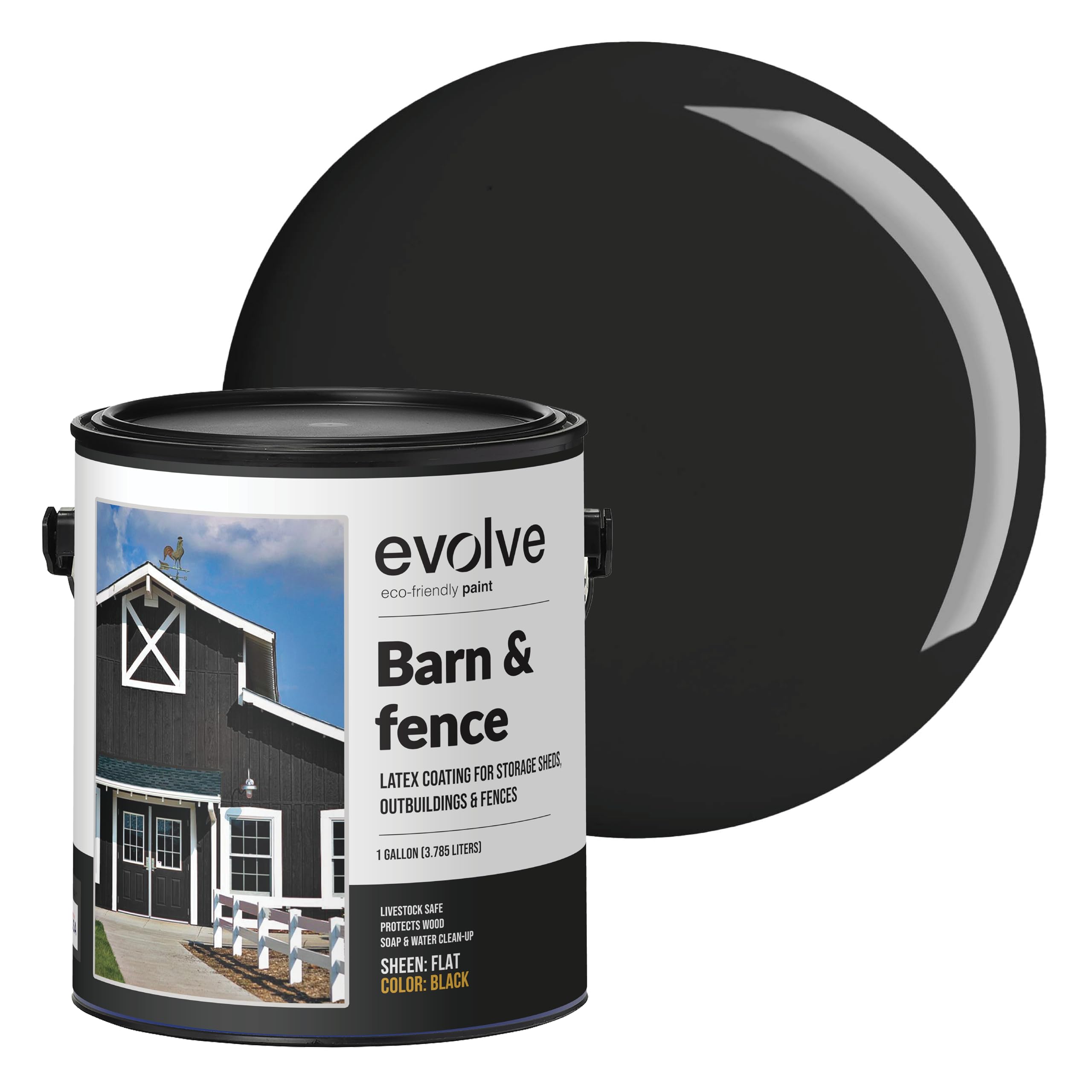 EVOLVE Barn & Fence: Swift Shield High Durability and Scratch-Resistant Paint for Storage Sheds, Outbuildings, and Fences (1 Gallon, Black)