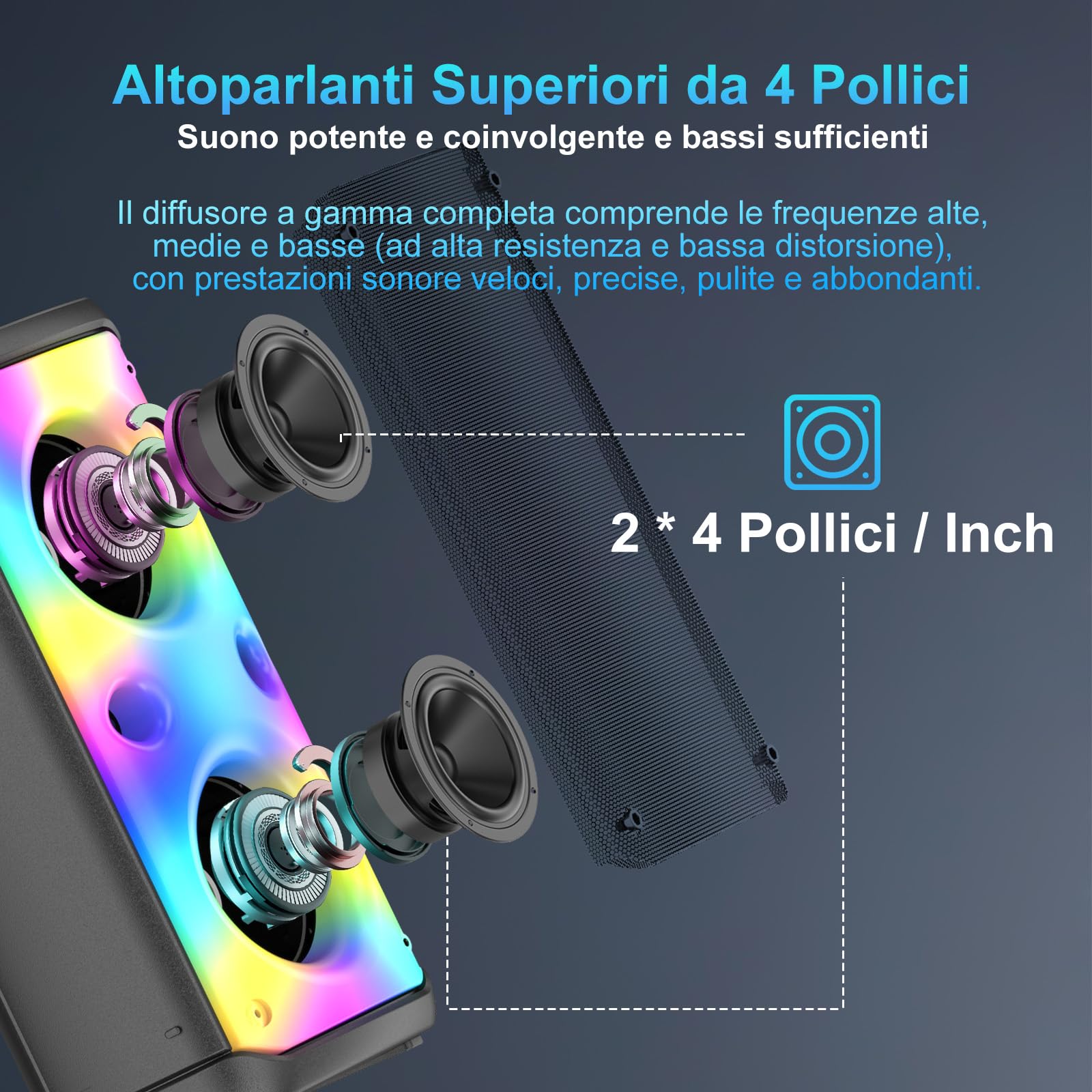 Altoparlante Bluetooth, altoparlanti da esterno con potenza di picco 80 W, altoparlanti wireless Bluetooth portatili per feste con subwoofer, luci LED colorate per la casa e il campeggio