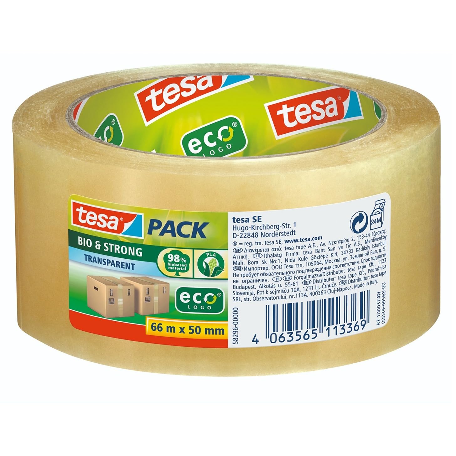 tesapack Bio & Strong - Cinta Adhesiva Extra Fuerte para Embalaje - Hecha de 98 Prozent Material Biológico - Sostenible y Reciclable - 66 m x 50 mm - Transparente