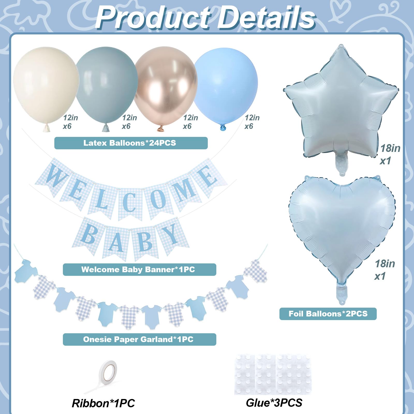 Dusty Blue Baby Shower Decorations Oh Welcome Baby Boys Balloon Set including Star Heart Foil Balloons Bunting Banner Bodysuit Paper Garland Boho Pastel Blue Gold White Sand Gender Reveal Party Decor Girls - Image 2