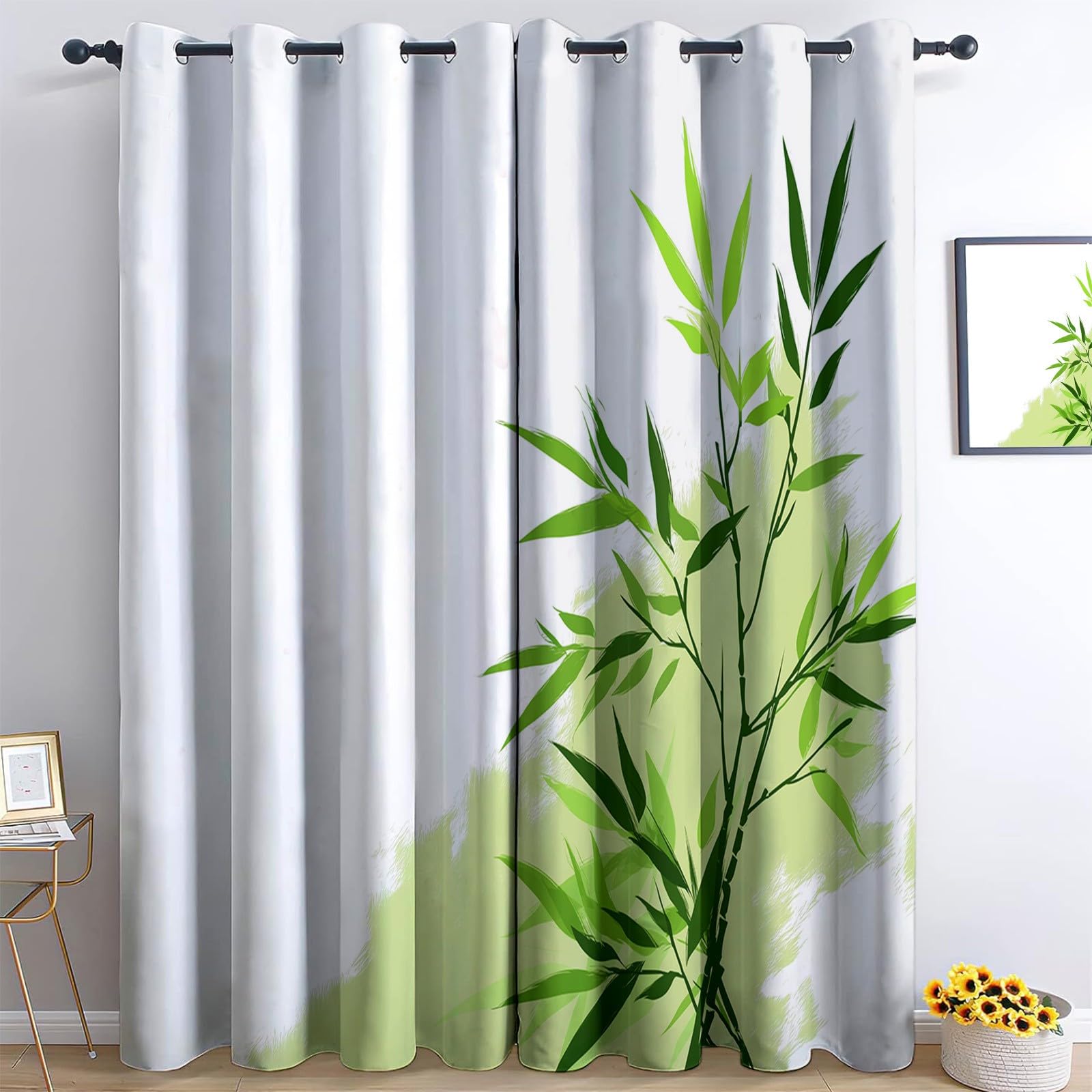 Blackout Curtains 46.1" x 72.0" (W x L) - Minimalism Elegant Green Bamboo Print Pattern Eyelet Blackout Thermal Window Drapes for Bedroom Living Room Dining Room Office, 2 Panels, Cream