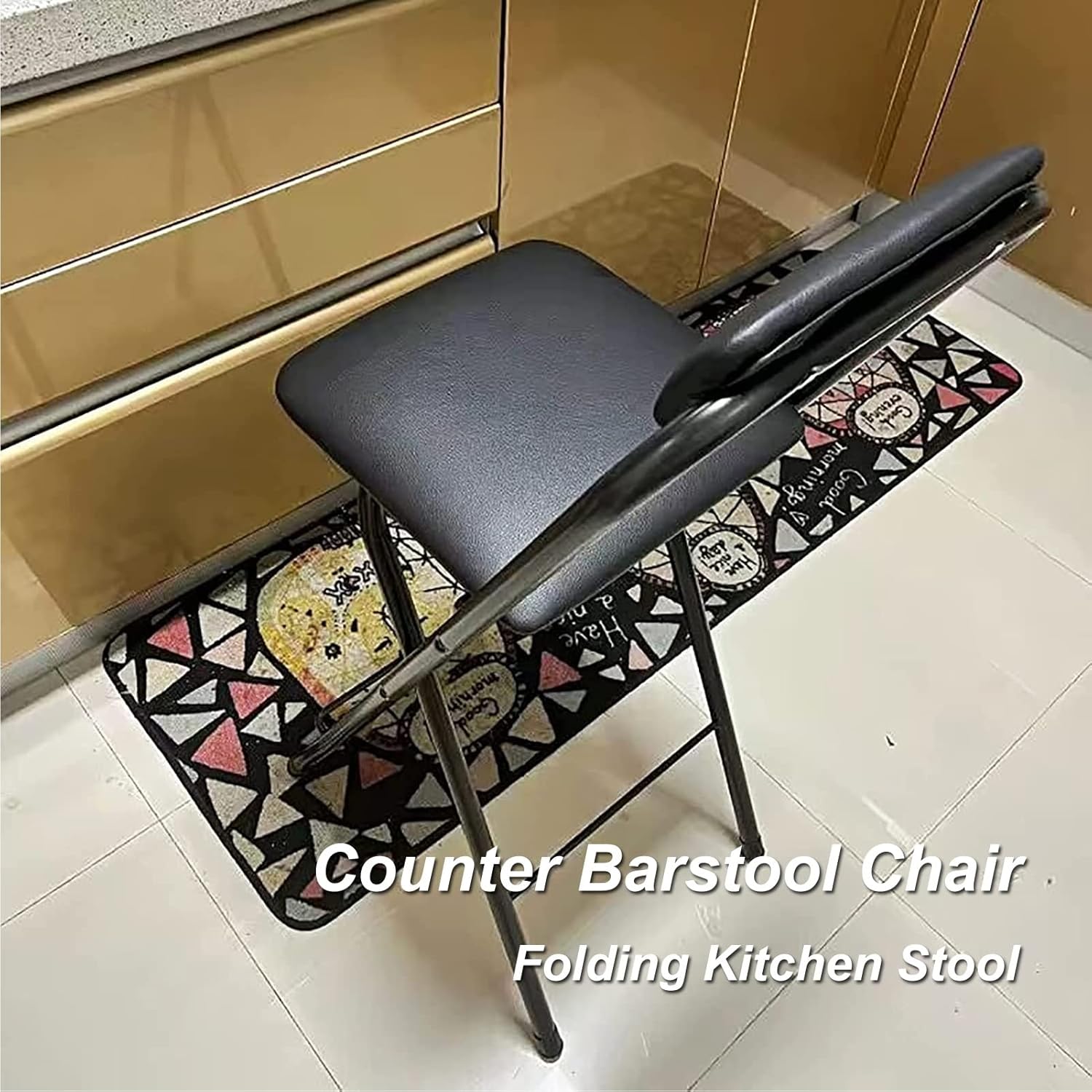 Breakfast Kitchen Folding Stool, Square Cushioned Padded High Chair with Backrest and Footrest, 24in/26in/28in/30in Height Foldable Stool for Adults (Color : Black, Size 65cm/26