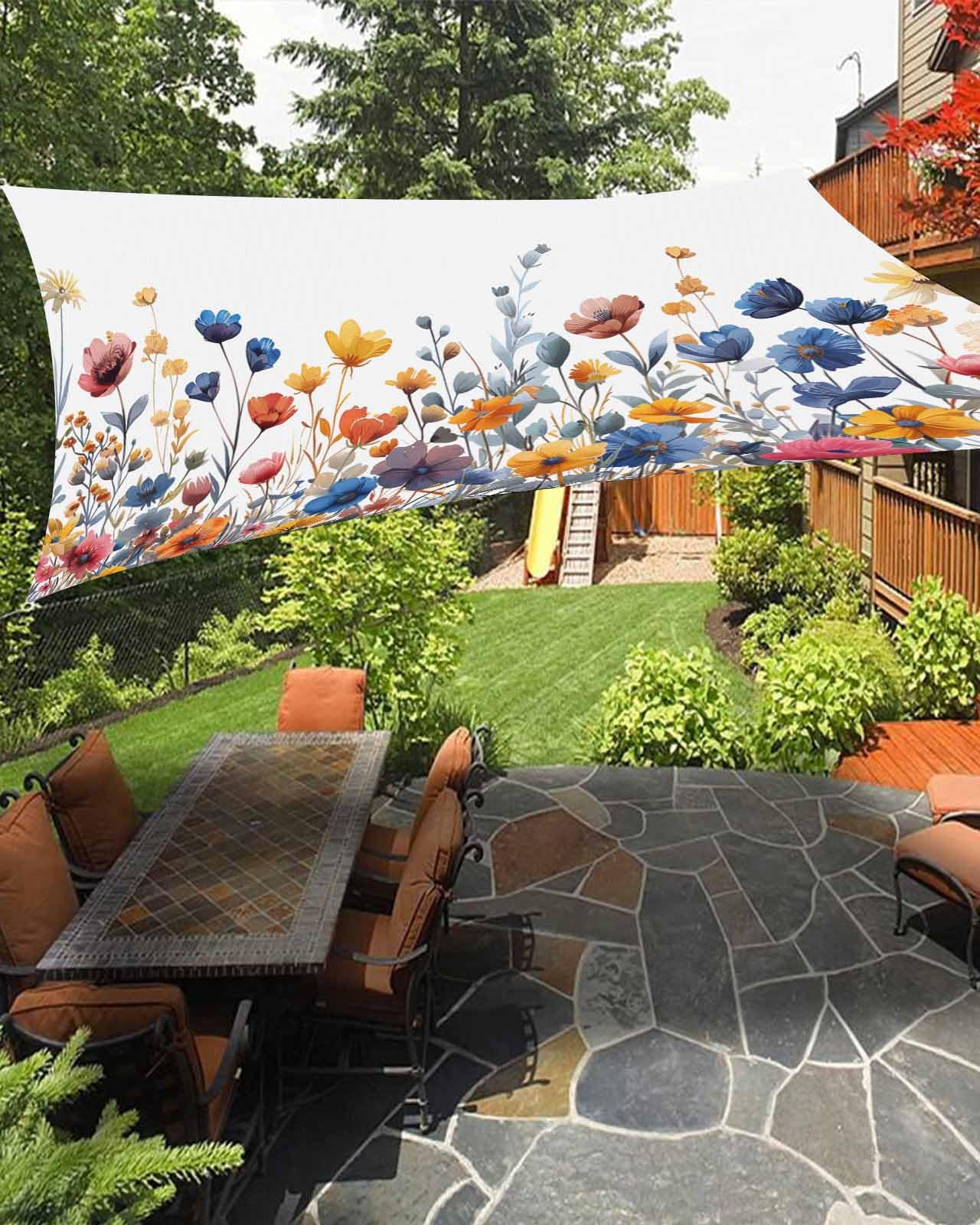 Flower Sun Sail Shades Rectangle Canopy,Sunlight Block Heavy Duty Curved Backyard Shade Cover,Waterproof Sun Shades for Patios Outdoor,8'x10' Blue Floral Daisy Eucalyptus Lavender White Watercolor