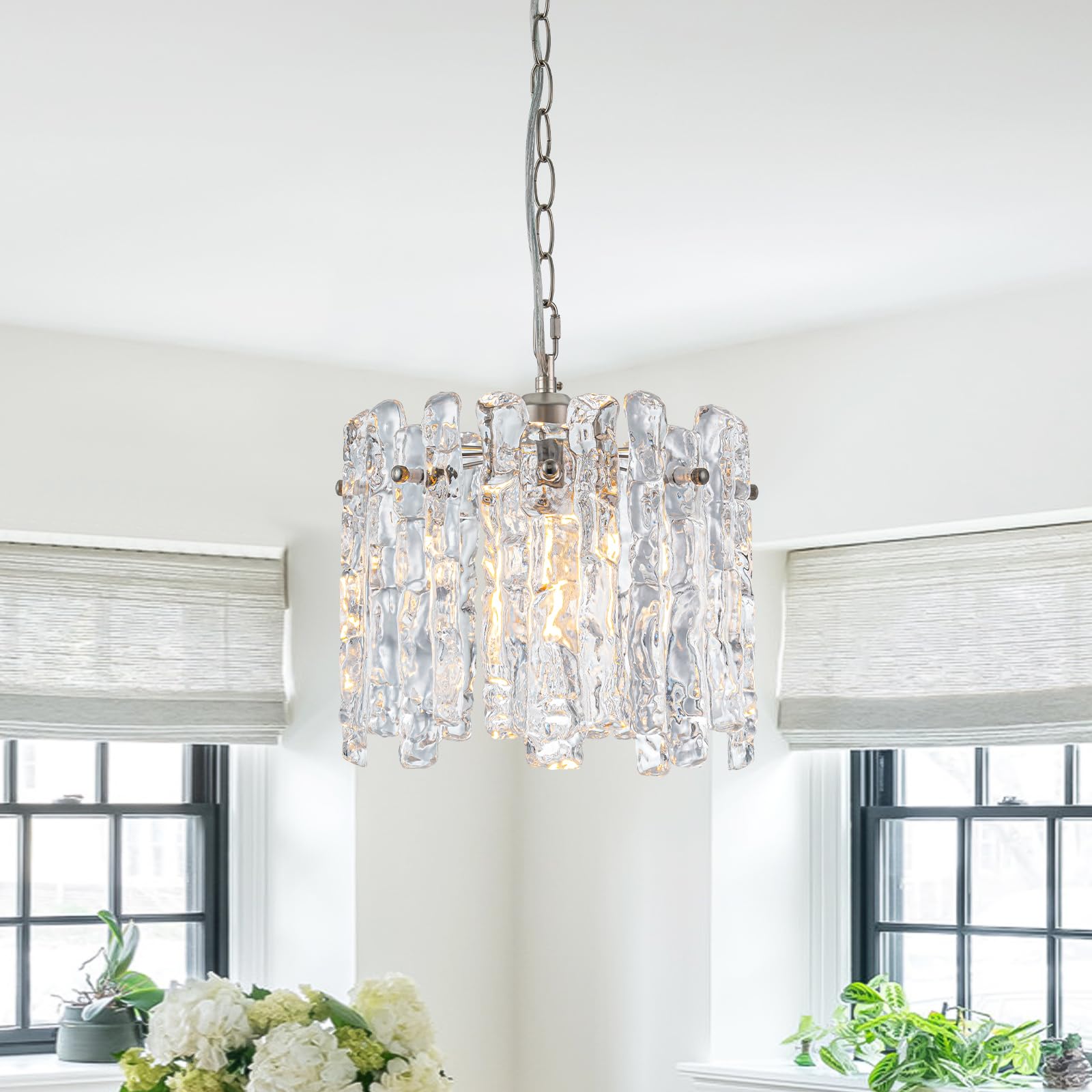 11" Handmade Ice Melt Glass Pendant Lights Kitchen Island Brushed Nickel Crystal Chandelier Modern Hanging Pendant Light Fixtures for Dining Room