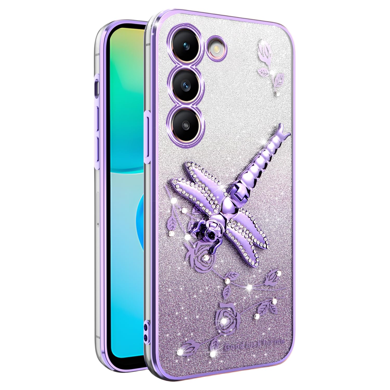 Silicone Case for Samsung Galaxy S22 Phone Case with Sparkle Glitter Bling Dragonfly Stand Diamond Transparent Plating Protective Shell for Women Men