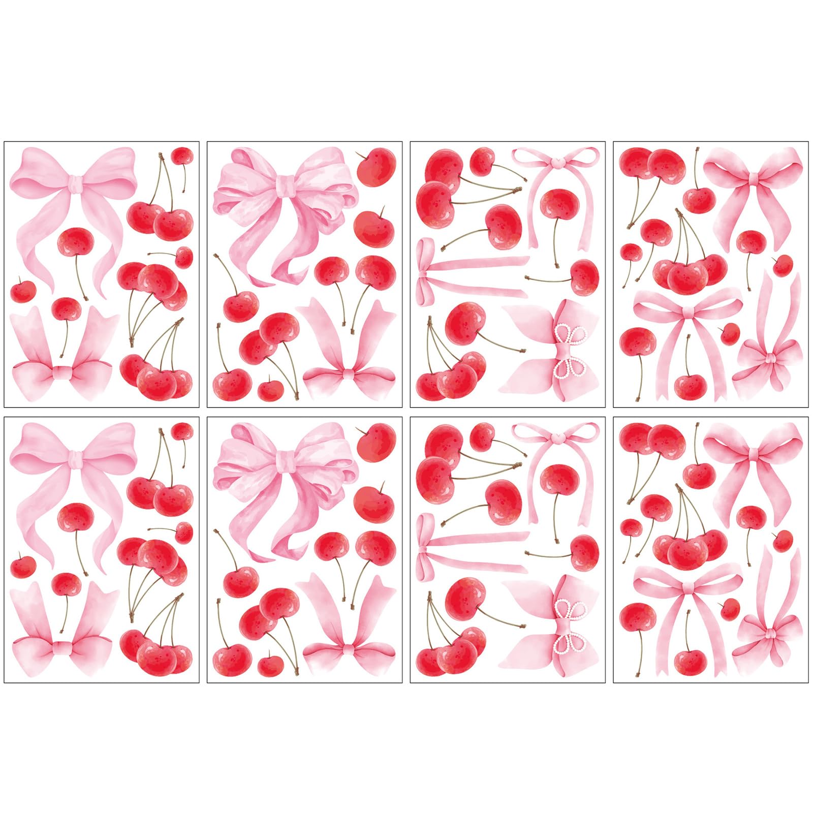 8 Sheets Pink Bow Wall Stickers, PVC Wall Decals with Cherries Designs, Easy Peel & Stick Wallpaper for Decoration, Cute Wall Art for Girls Bedroom Living Room Dorm Room