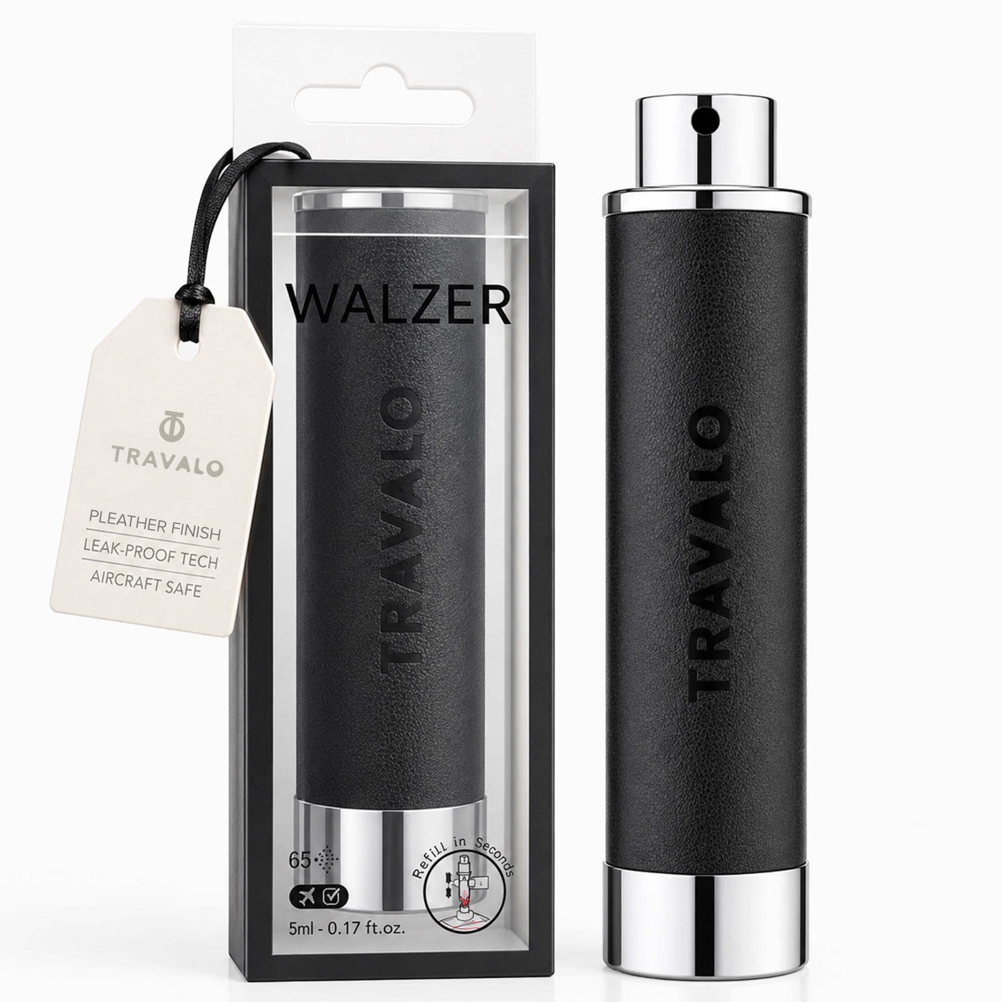 Travalo Walzer Refillable Perfume Atomizer - Pocket-Size, Leak-Proof, Glass-Free Spray Bottle Safe for Air Travel - Mini Perfume Bottle with Leather Cover, Black, WALZER leather