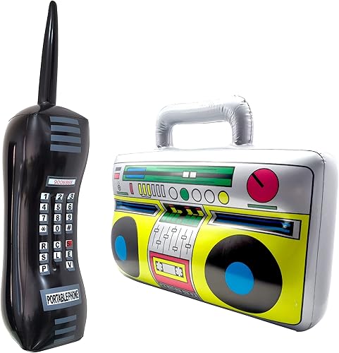 2 paquetes inflables de radio Boombox y teléfono móvil para fiesta de fotos, recuerdos de fiesta de cumpleaños de los años 80 y 90, música retro