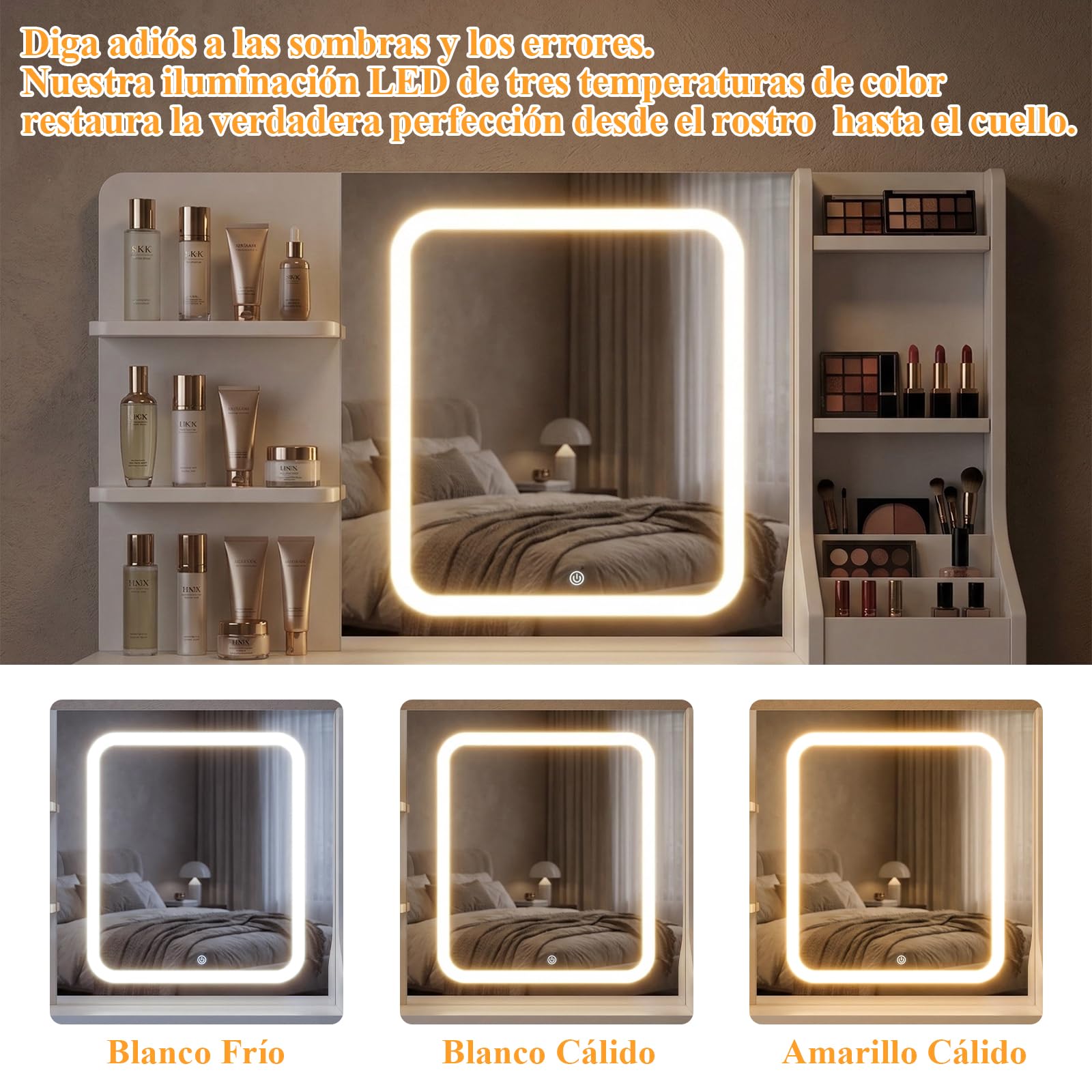 TRIUMPHKEY Tocador de Maquillaje Grande con Luces Led Regulables y Espejo, con 4 Estantes 7 Cajones 3 Compartimentos Abiertos, 110 x 40 cm Blanco